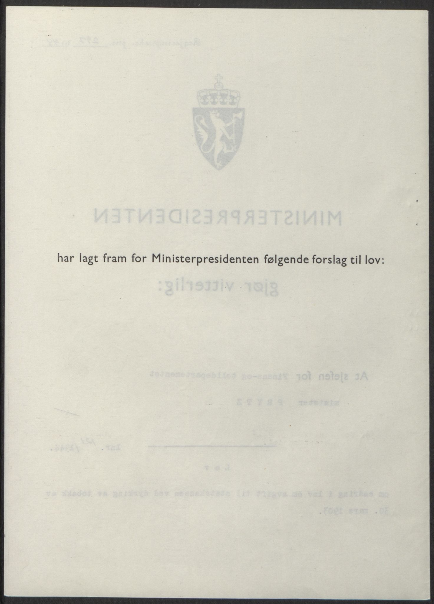 NS-administrasjonen 1940-1945 (Statsrådsekretariatet, de kommisariske statsråder mm), RA/S-4279/D/Db/L0100: Lover, 1944, s. 575