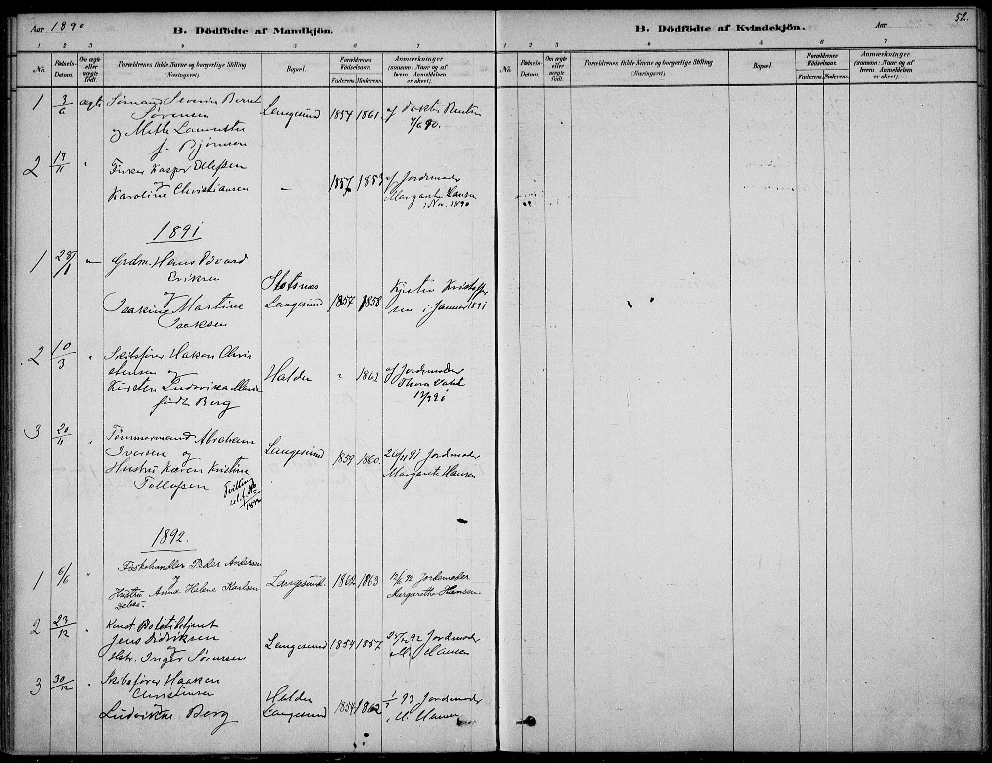 Langesund kirkebøker, AV/SAKO-A-280/F/Fa/L0002: Ministerialbok nr. 2, 1878-1892, s. 52