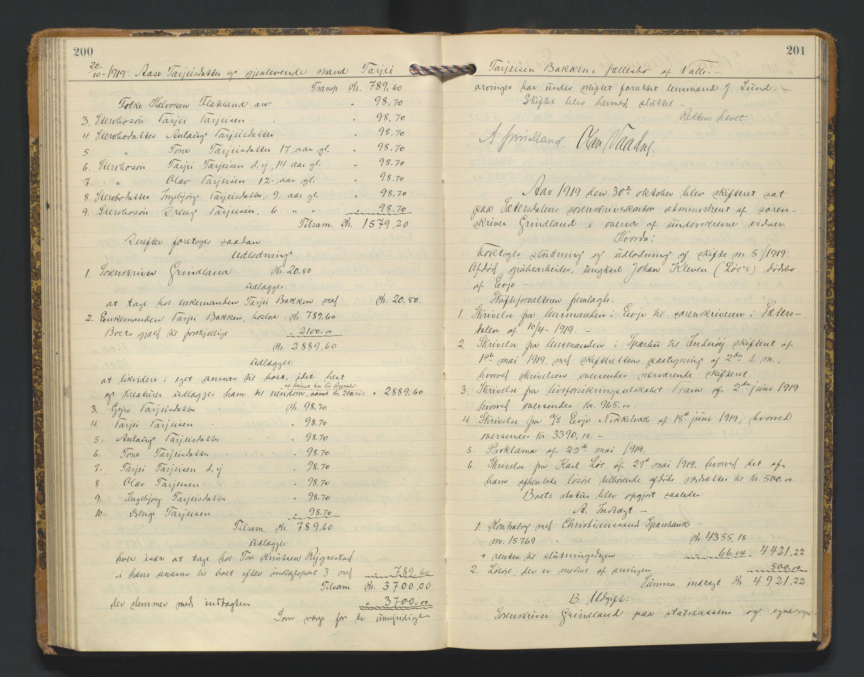Setesdal sorenskriveri, SAK/1221-0011/H/Hc/L0050: Skifteutlodningsprotokoll nr 4, med register, 1914-1924, s. 200-201
