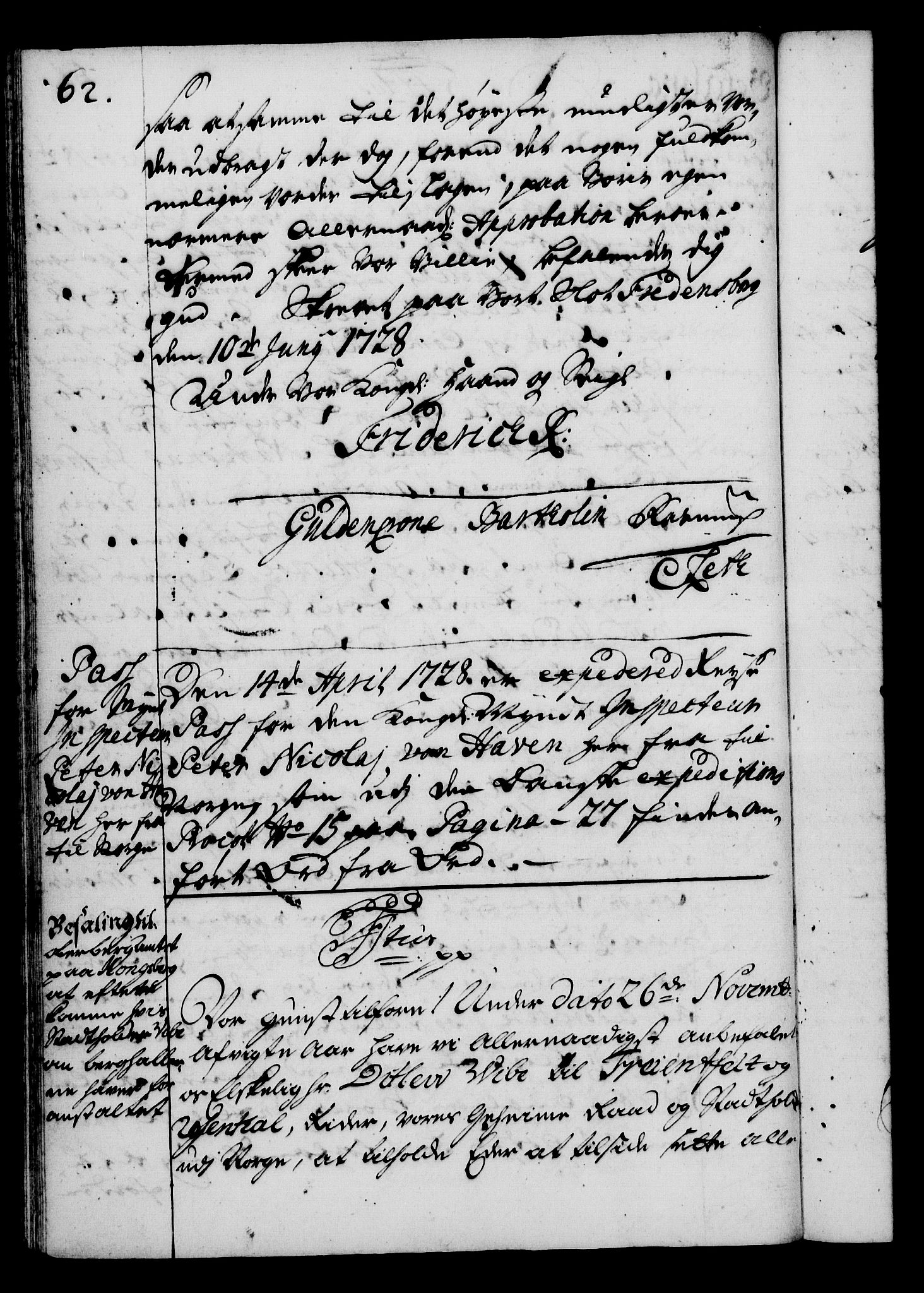 Rentekammeret, Kammerkanselliet, RA/EA-3111/G/Gg/Gga/L0003: Norsk ekspedisjonsprotokoll med register (merket RK 53.3), 1727-1734, s. 62