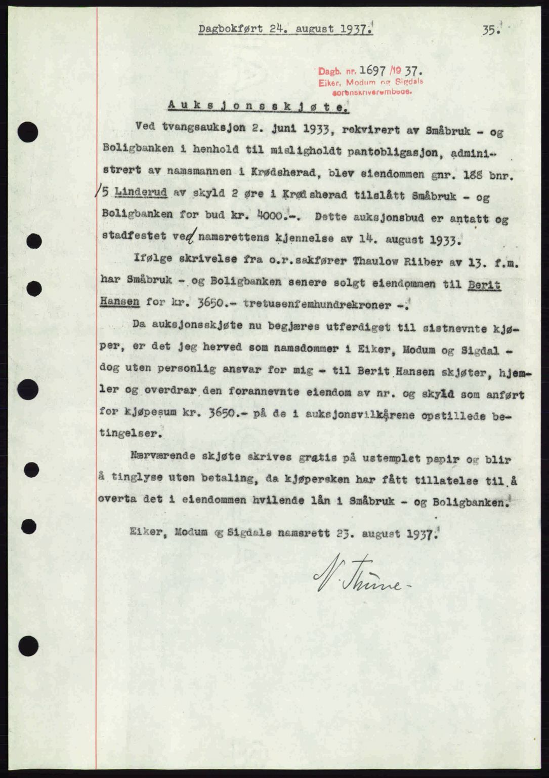 Eiker, Modum og Sigdal sorenskriveri, SAKO/A-123/G/Ga/Gab/L0036: Pantebok nr. A6, 1937-1937, Dagboknr: 1697/1937
