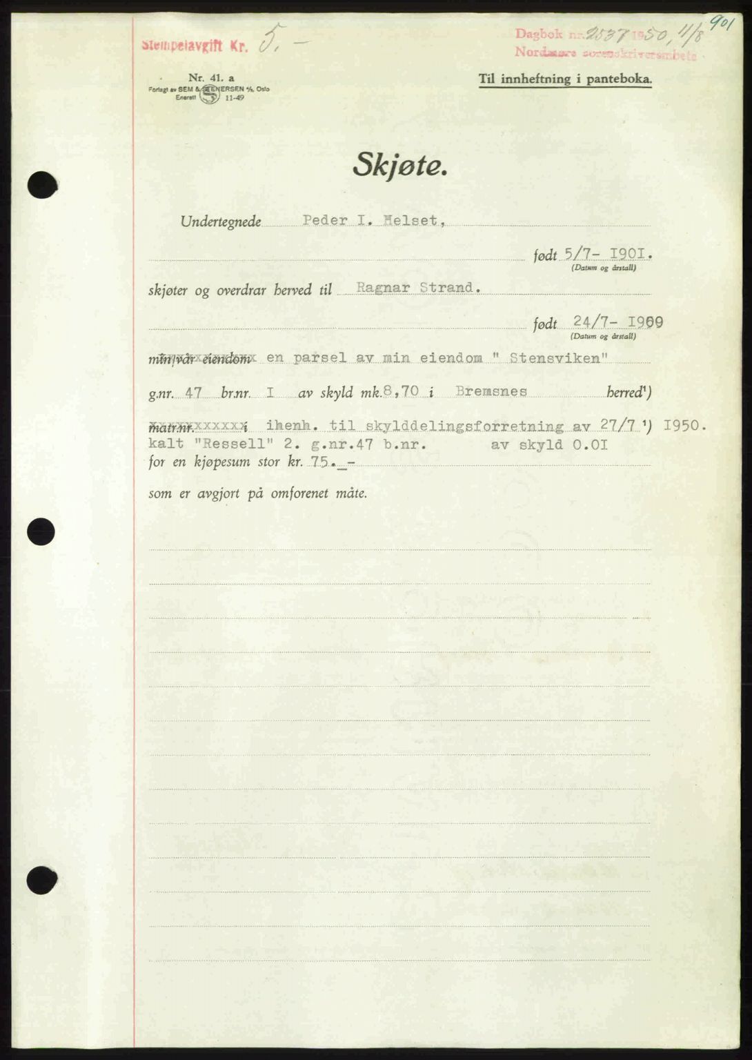 Nordmøre sorenskriveri, AV/SAT-A-4132/1/2/2Ca: Pantebok nr. A115, 1950-1950, Dagboknr: 2537/1950