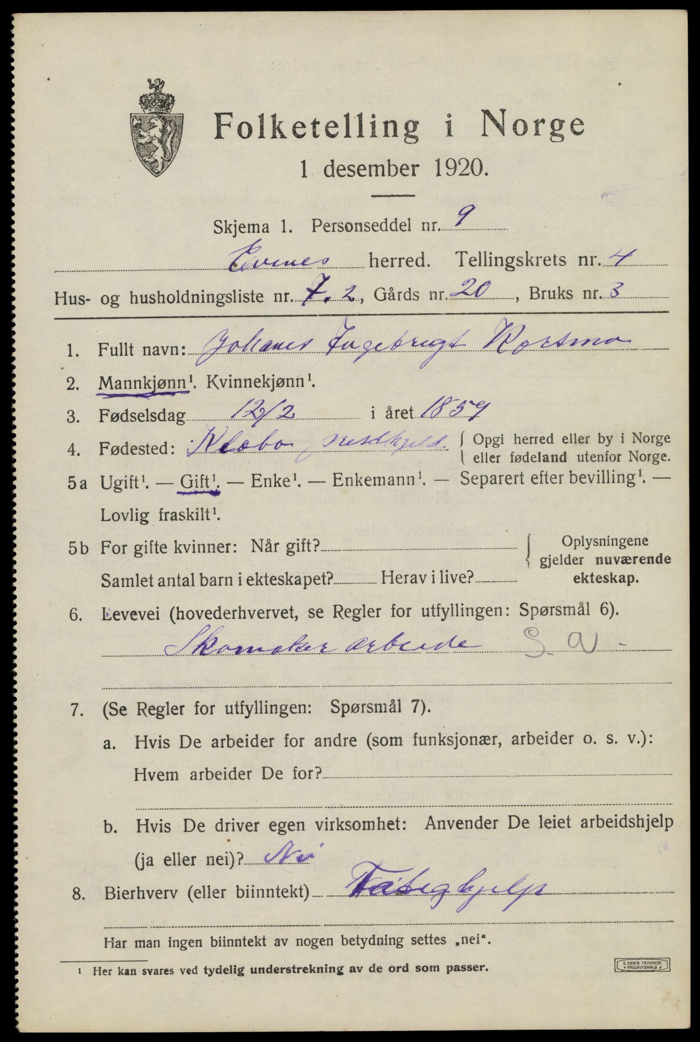 SAT, Folketelling 1920 for 1853 Evenes herred, 1920, s. 3686