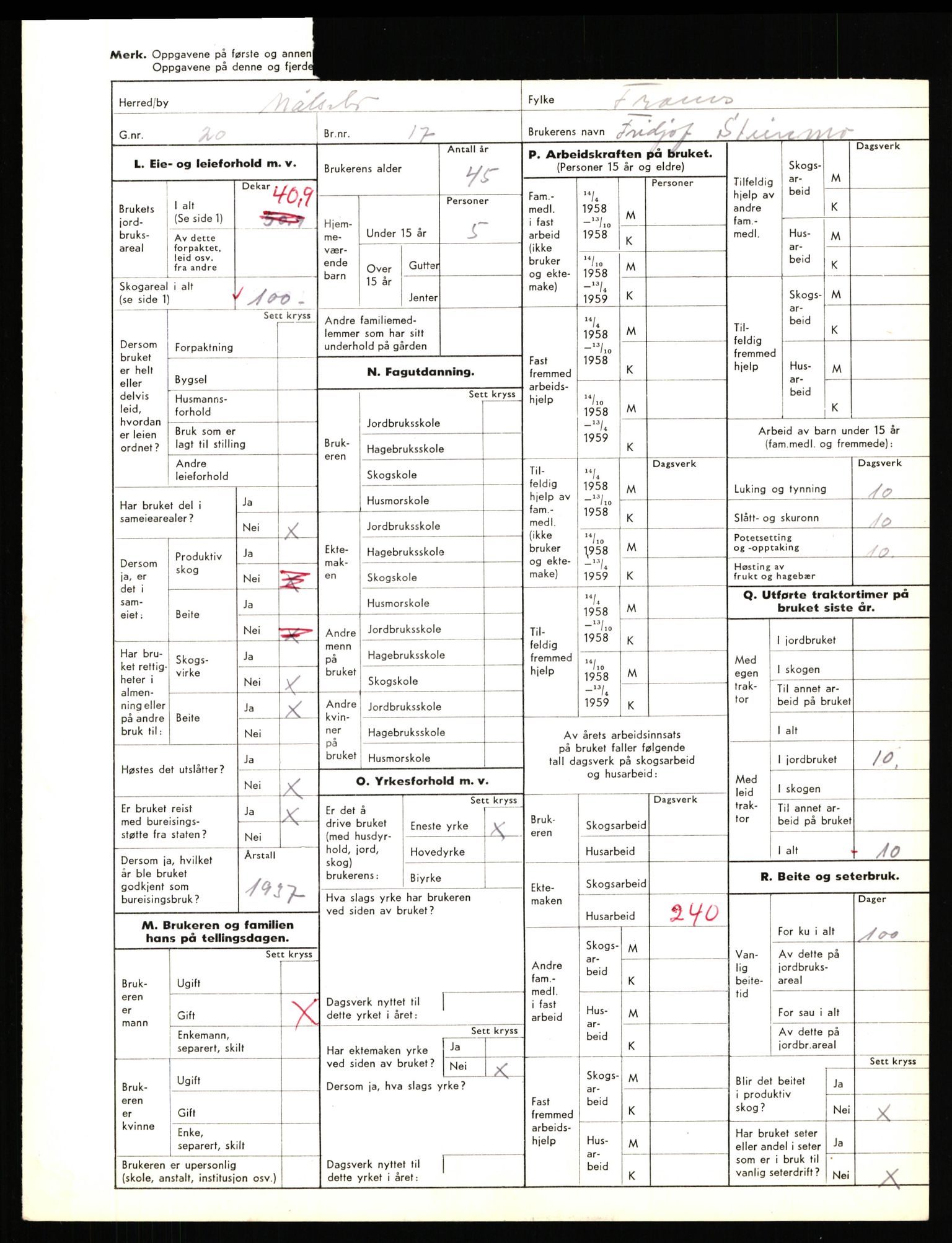 Statistisk sentralbyrå, Næringsøkonomiske emner, Jordbruk, skogbruk, jakt, fiske og fangst, AV/RA-S-2234/G/Gd/L0655: Troms: 1924 Målselv (kl. 4-10), 1959, s. 1438