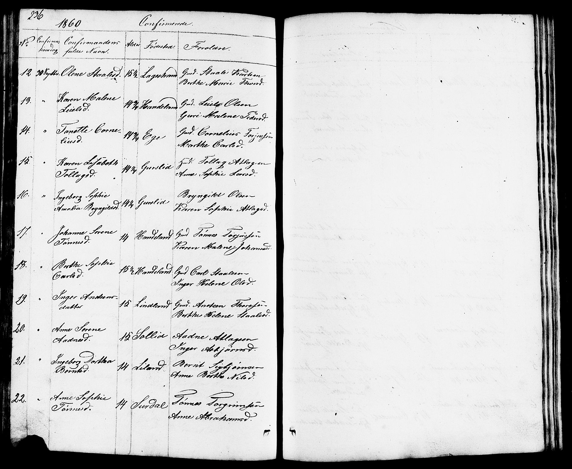 Lund sokneprestkontor, AV/SAST-A-101809/S07/L0003: Klokkerbok nr. B 3, 1848-1885, s. 236