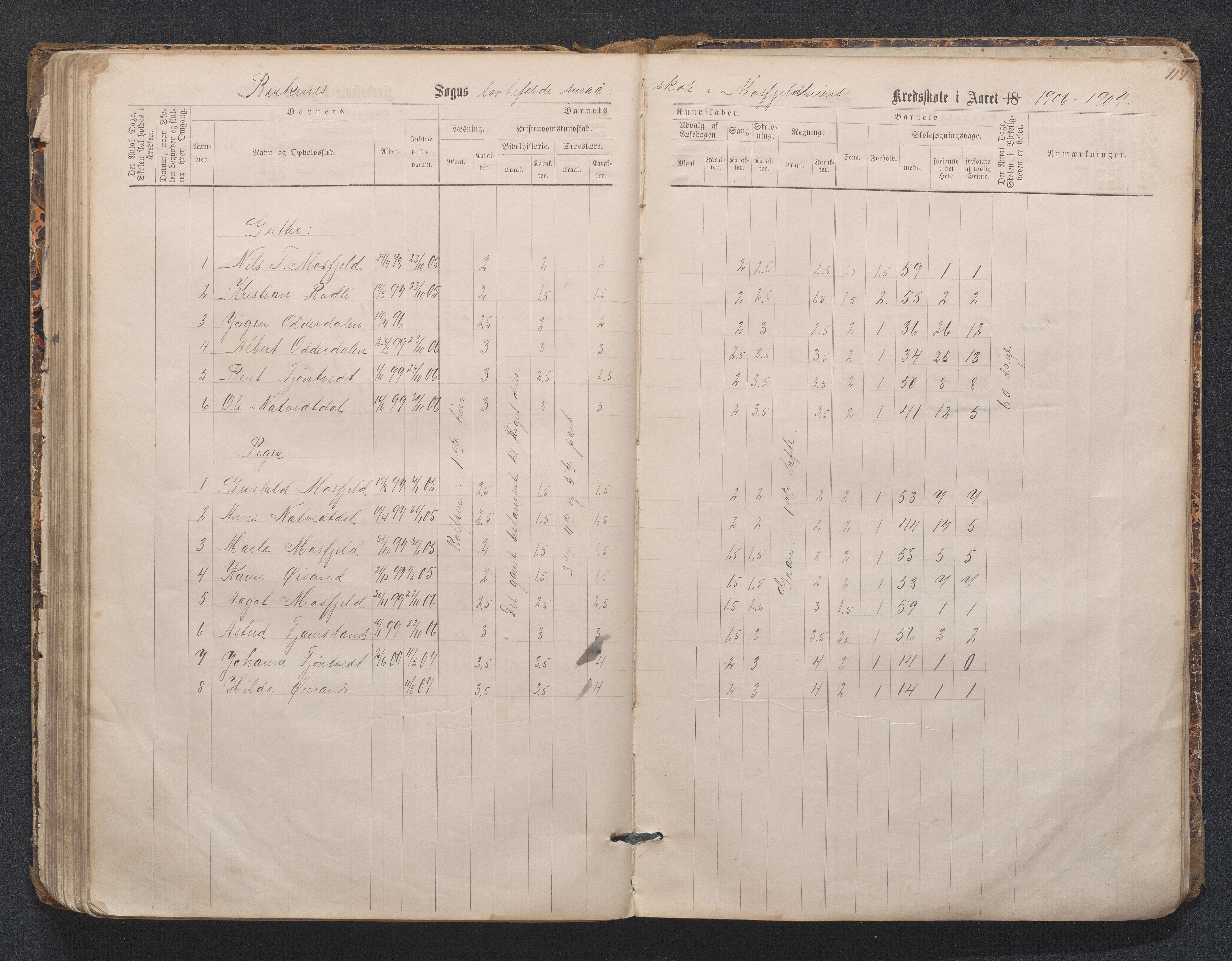 Birkenes kommune, Mosfjell skolekrets, AAKS/KA0928-550f_91/F02/L0001: Skoleprotokoll Flå og Mosfjell, 1867-1909, s. 114