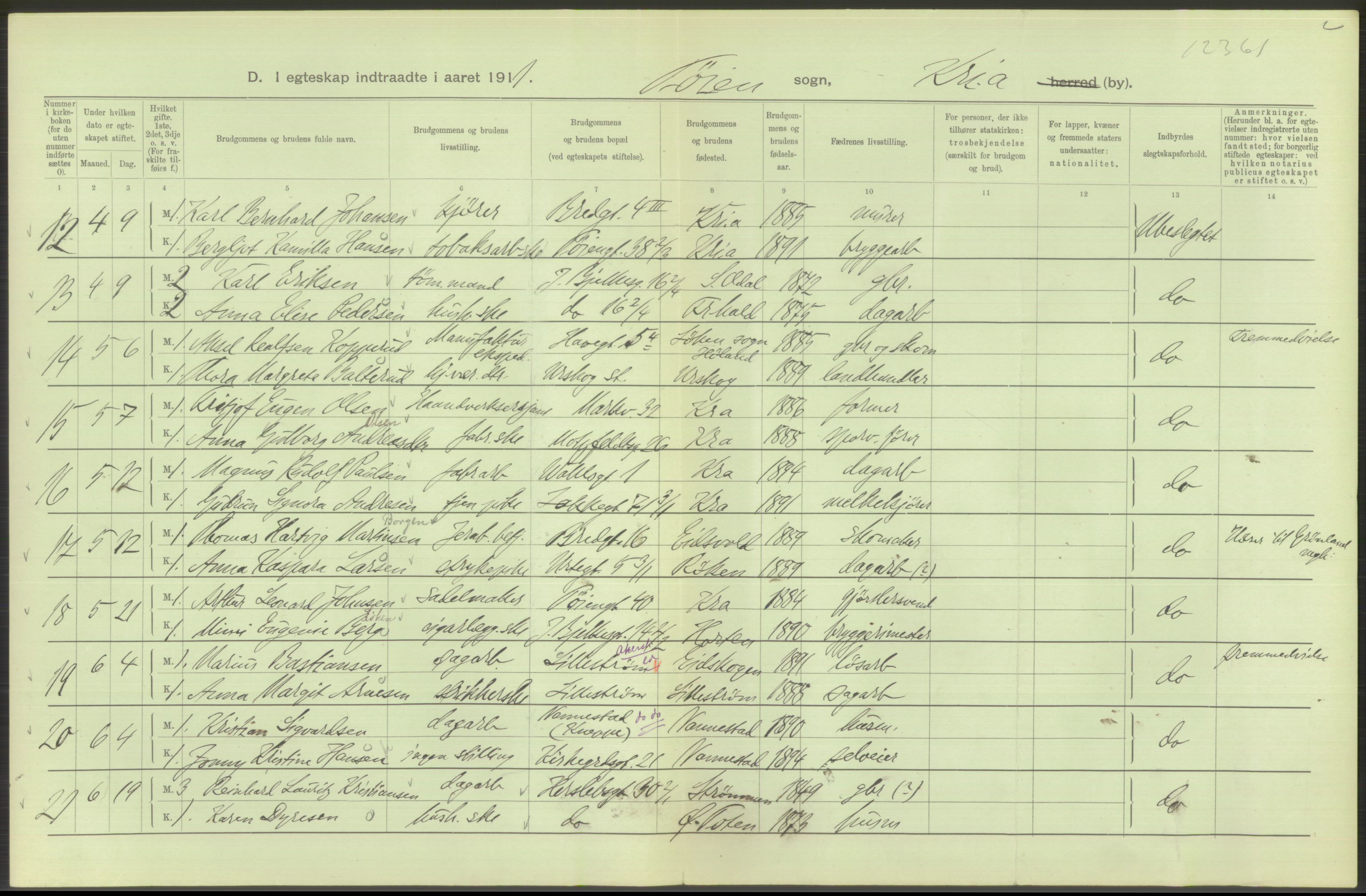 Statistisk sentralbyrå, Sosiodemografiske emner, Befolkning, AV/RA-S-2228/D/Df/Dfb/Dfba/L0008: Kristiania: Gifte, 1911, s. 150