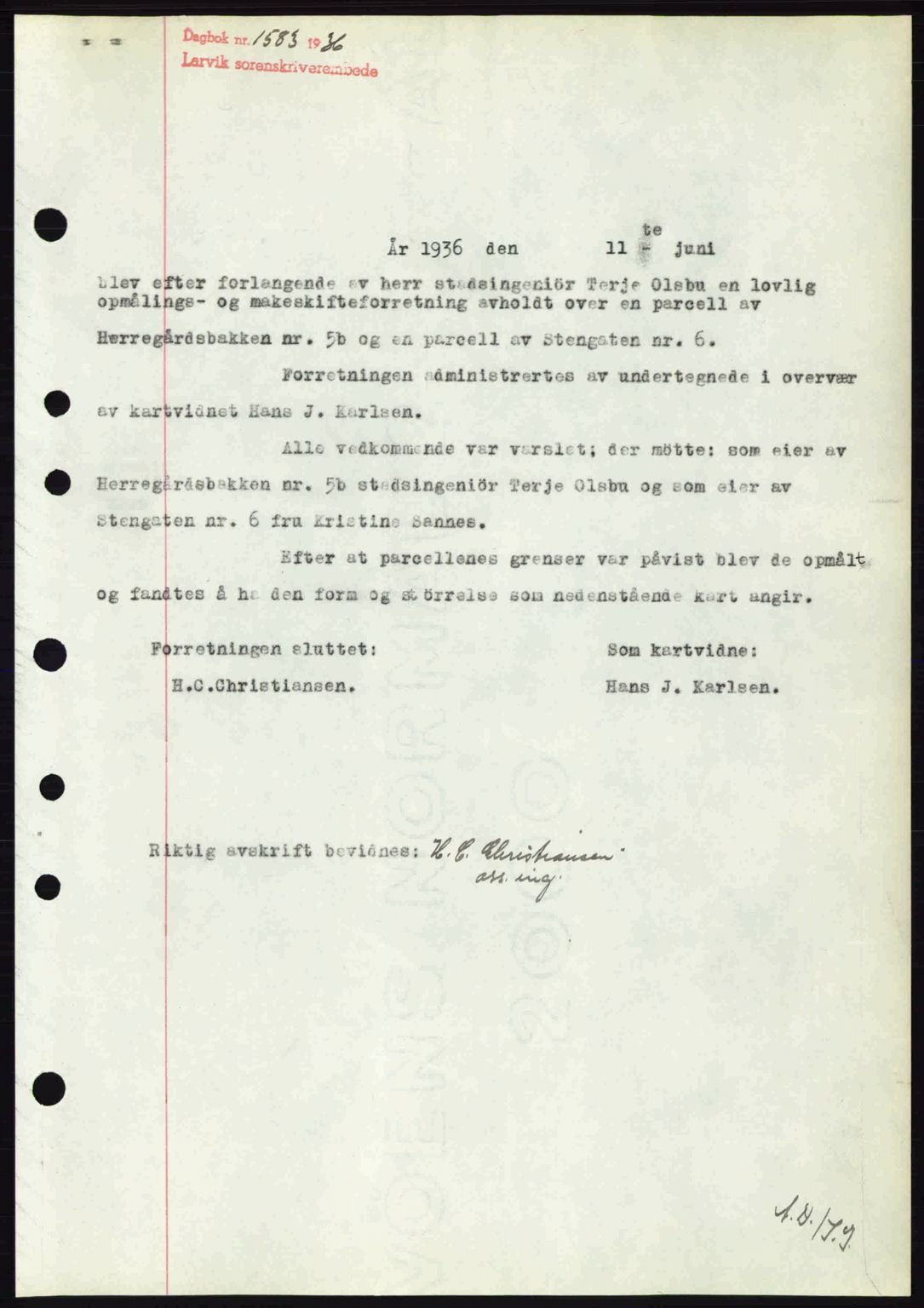 Larvik sorenskriveri, SAKO/A-83/G/Ga/Gab/L0067: Pantebok nr. A-1, 1936-1937, Dagboknr: 1583/1936