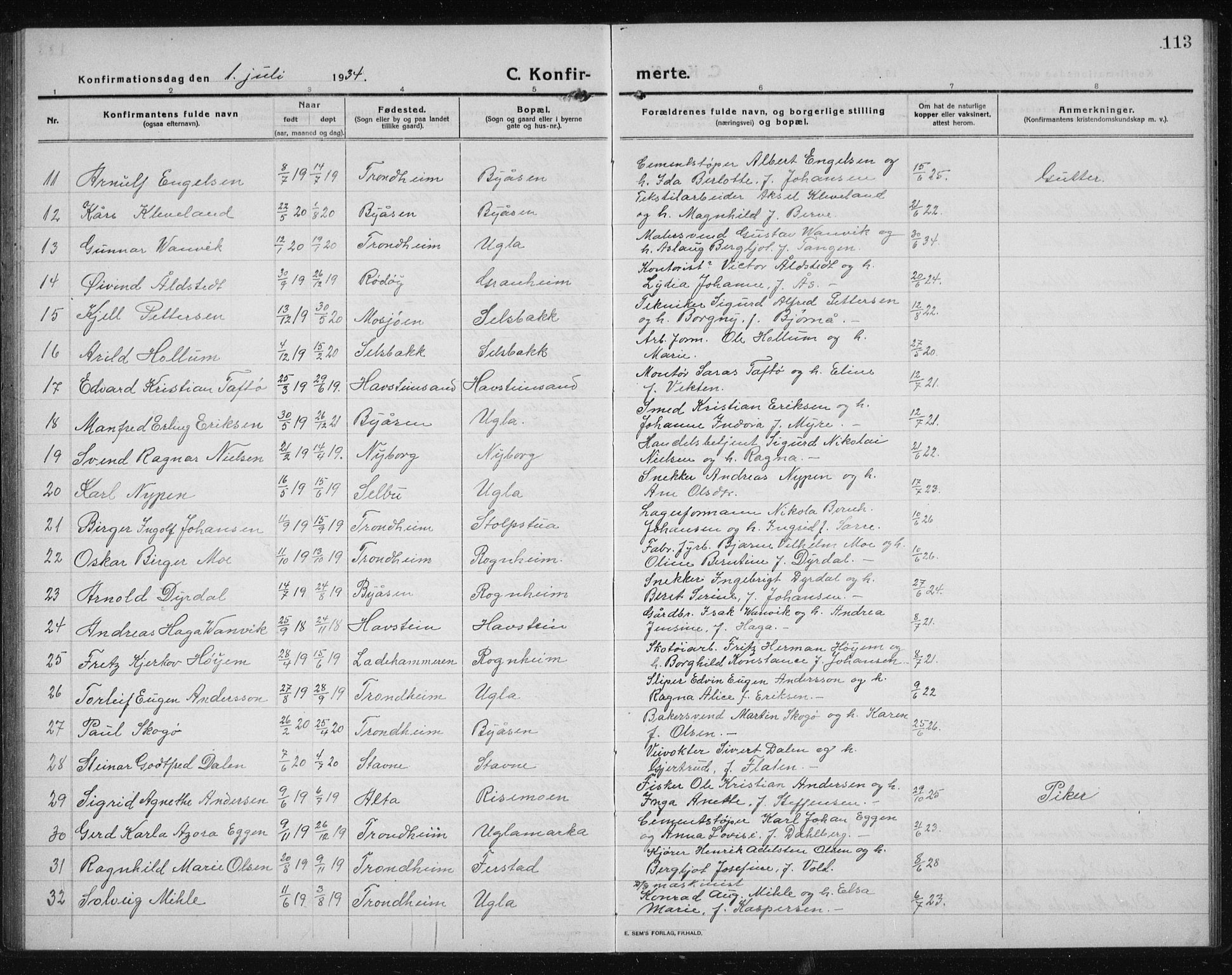Ministerialprotokoller, klokkerbøker og fødselsregistre - Sør-Trøndelag, AV/SAT-A-1456/611/L0356: Klokkerbok nr. 611C04, 1914-1938, s. 113