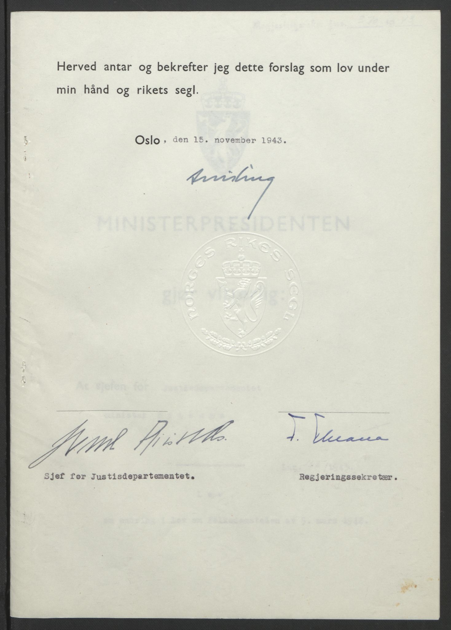 NS-administrasjonen 1940-1945 (Statsrådsekretariatet, de kommisariske statsråder mm), RA/S-4279/D/Db/L0099: Lover, 1943, s. 730