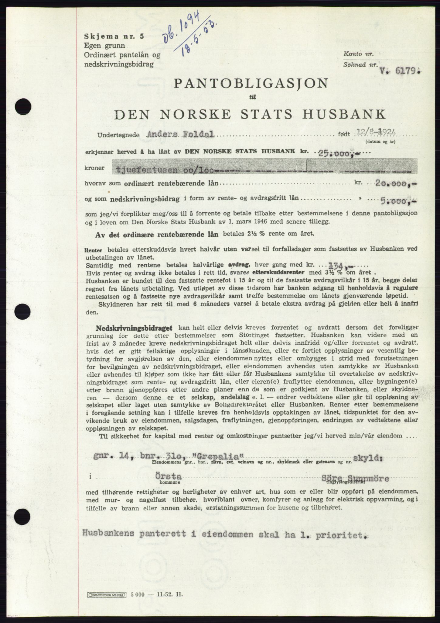 Søre Sunnmøre sorenskriveri, SAT/A-4122/1/2/2C/L0123: Pantebok nr. 11B, 1953-1953, Dagboknr: 1094/1953