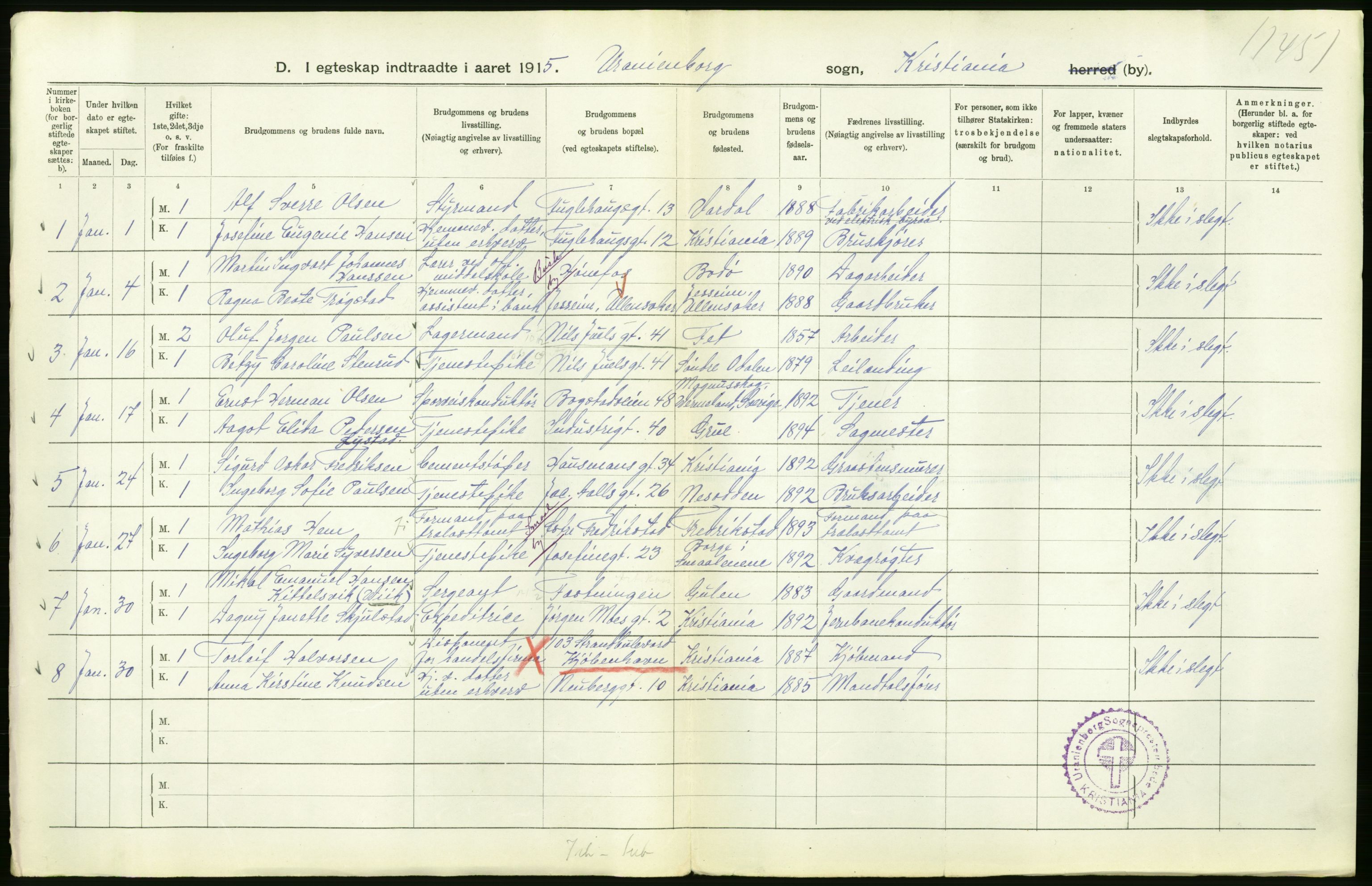 Statistisk sentralbyrå, Sosiodemografiske emner, Befolkning, RA/S-2228/D/Df/Dfb/Dfbe/L0008: Kristiania: Gifte., 1915, s. 246