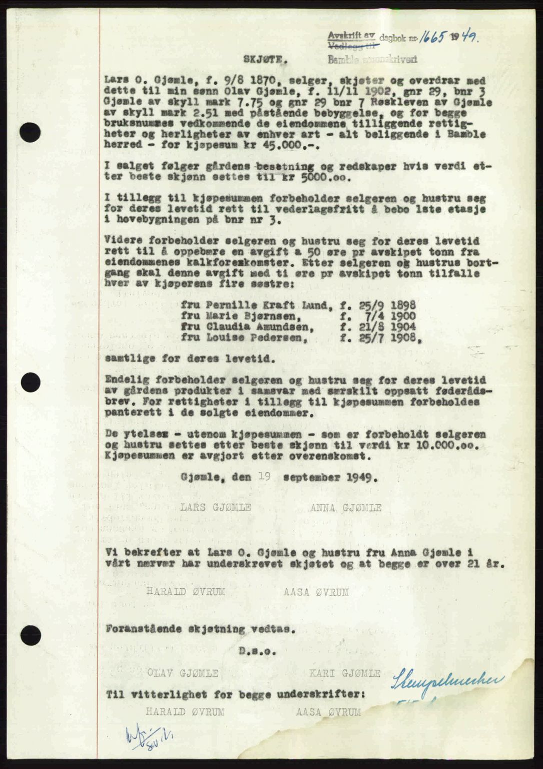 Bamble sorenskriveri, SAKO/A-214/G/Ga/Gag/L0015: Pantebok nr. A-15, 1949-1949, Dagboknr: 1665/1949