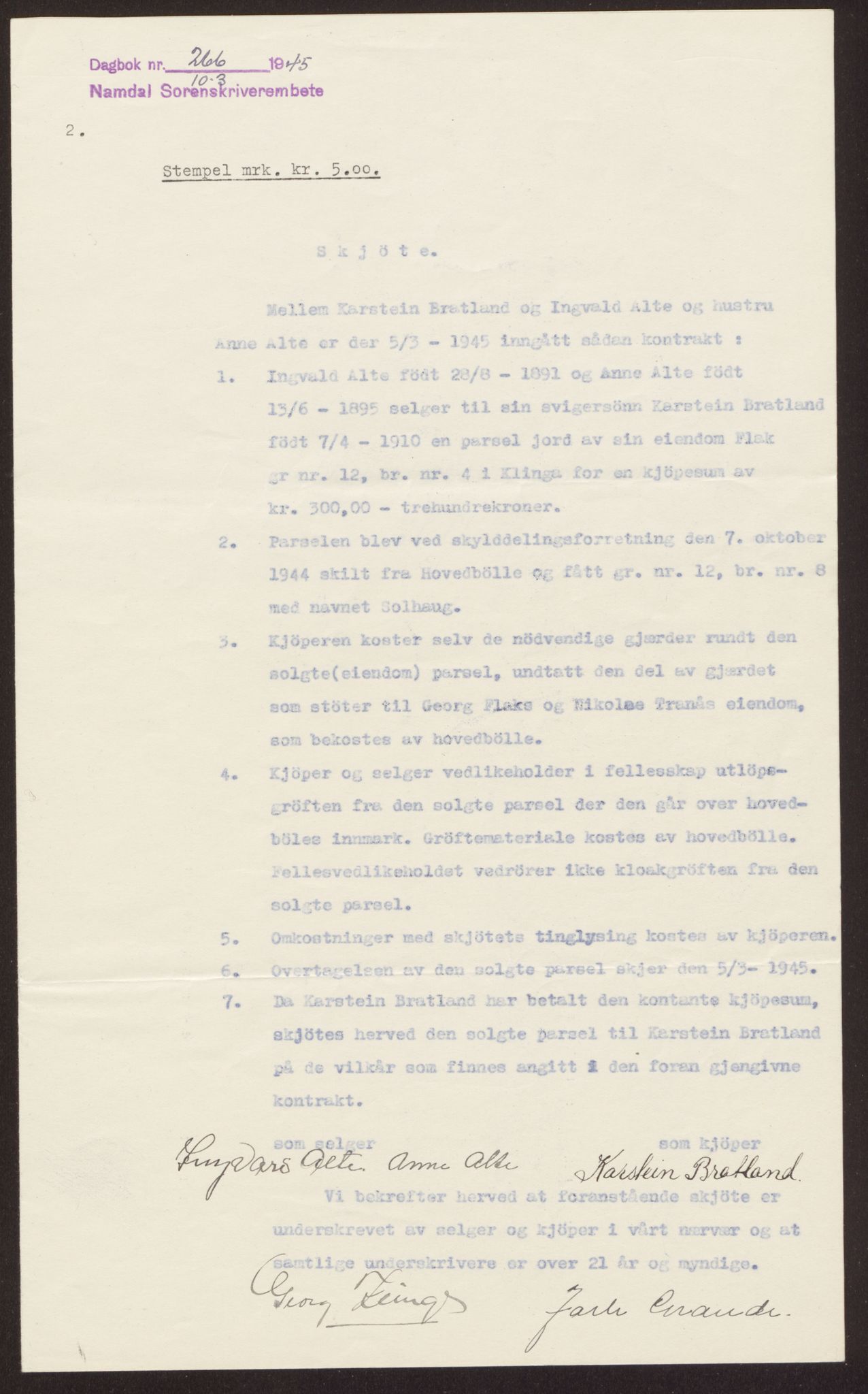 Namdal sorenskriveri, SAT/A-4133/1/2/2C: Pantebok nr. -, 1944-1945, Dagboknr: 266/1945