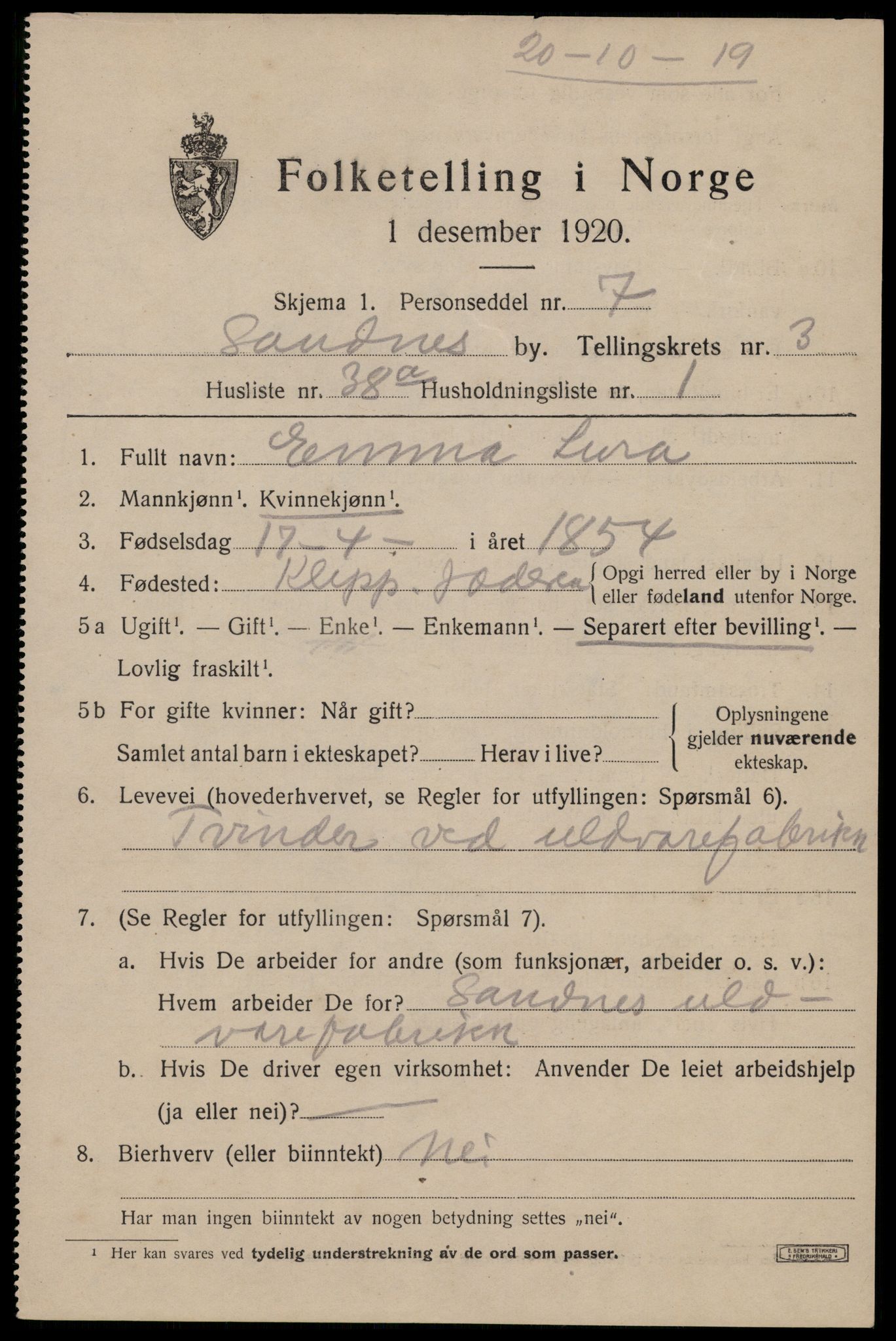 SAST, Folketelling 1920 for 1102 Sandnes ladested, 1920, s. 4104