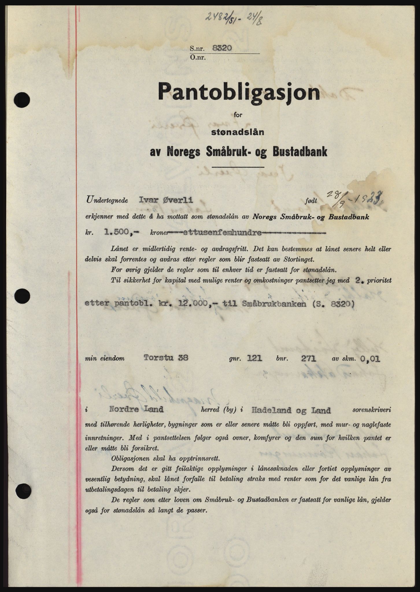 Hadeland og Land tingrett, SAH/TING-010/H/Hb/Hbc/L0022: Pantebok nr. B22, 1951-1951, Dagboknr: 2482/1951