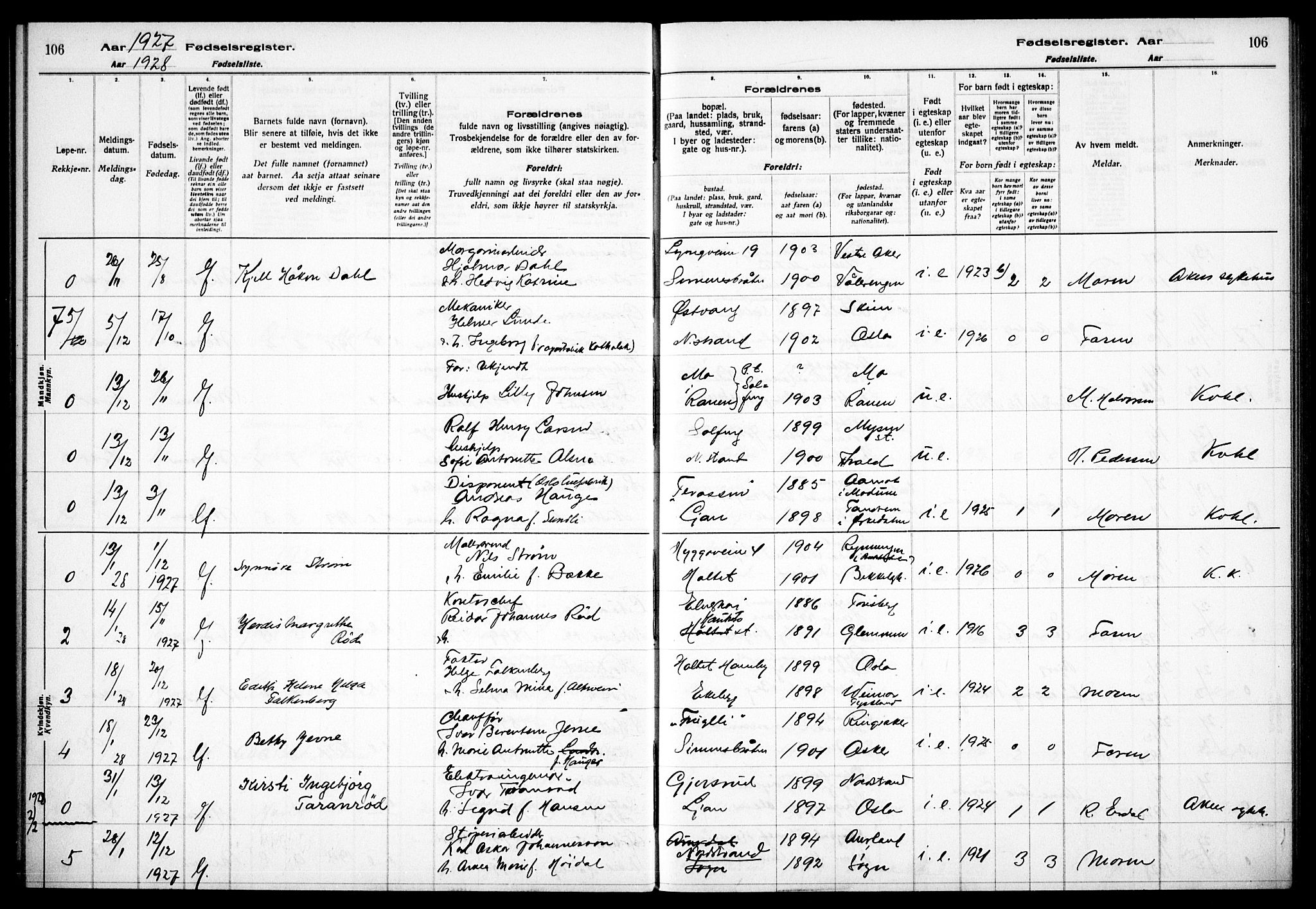 Nordstrand prestekontor Kirkebøker, AV/SAO-A-10362a/J/Ja/L0002: Fødselsregister nr. I 2, 1924-1930, s. 106