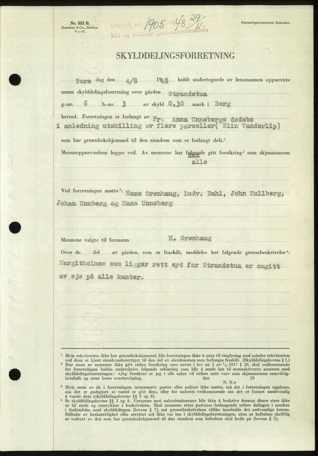 Idd og Marker sorenskriveri, SAO/A-10283/G/Gb/Gbb/L0011: Pantebok nr. A11, 1948-1949, Dagboknr: 1905/1948