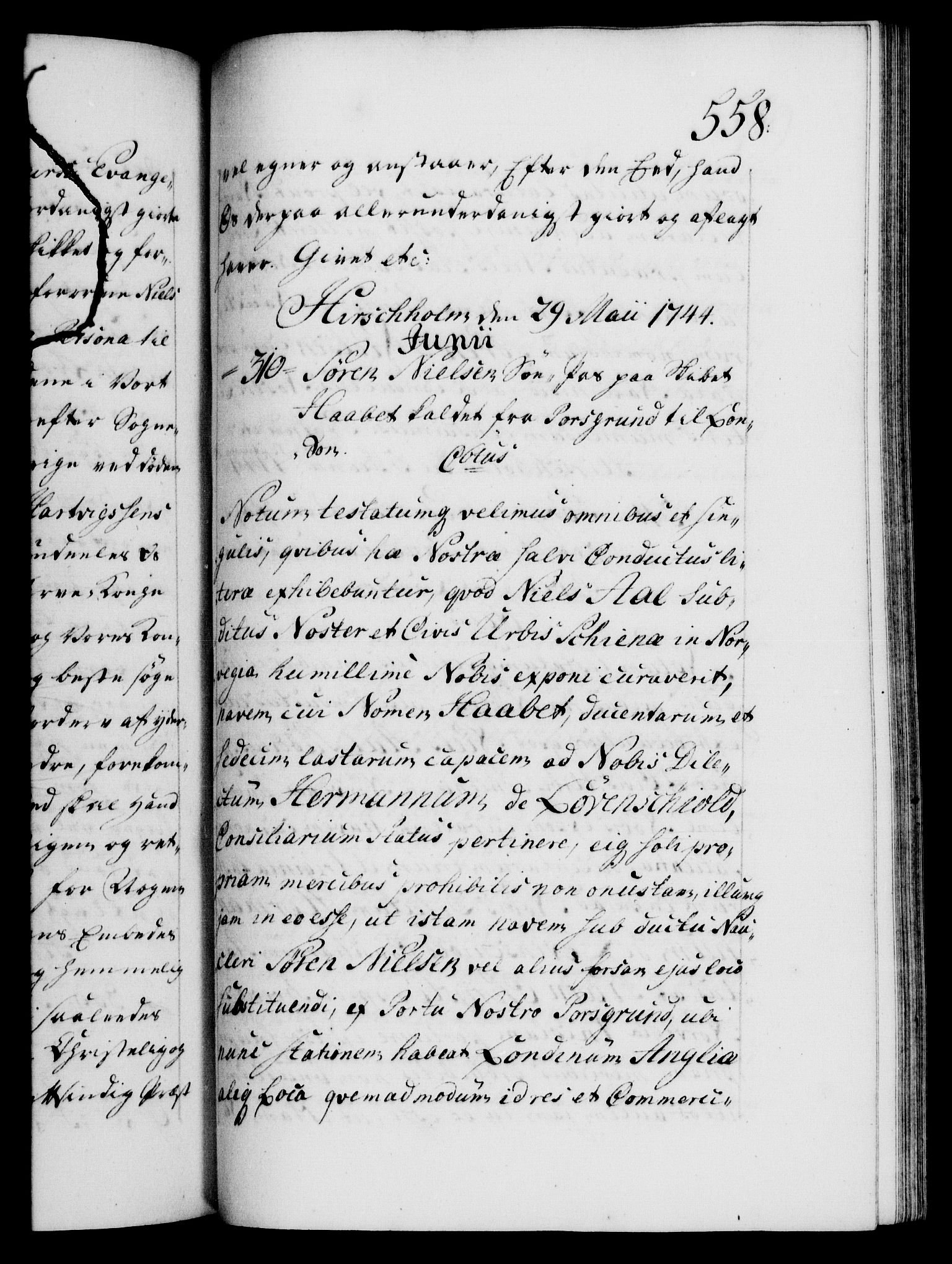 Danske Kanselli 1572-1799, RA/EA-3023/F/Fc/Fca/Fcaa/L0033: Norske registre, 1743-1744, s. 558a