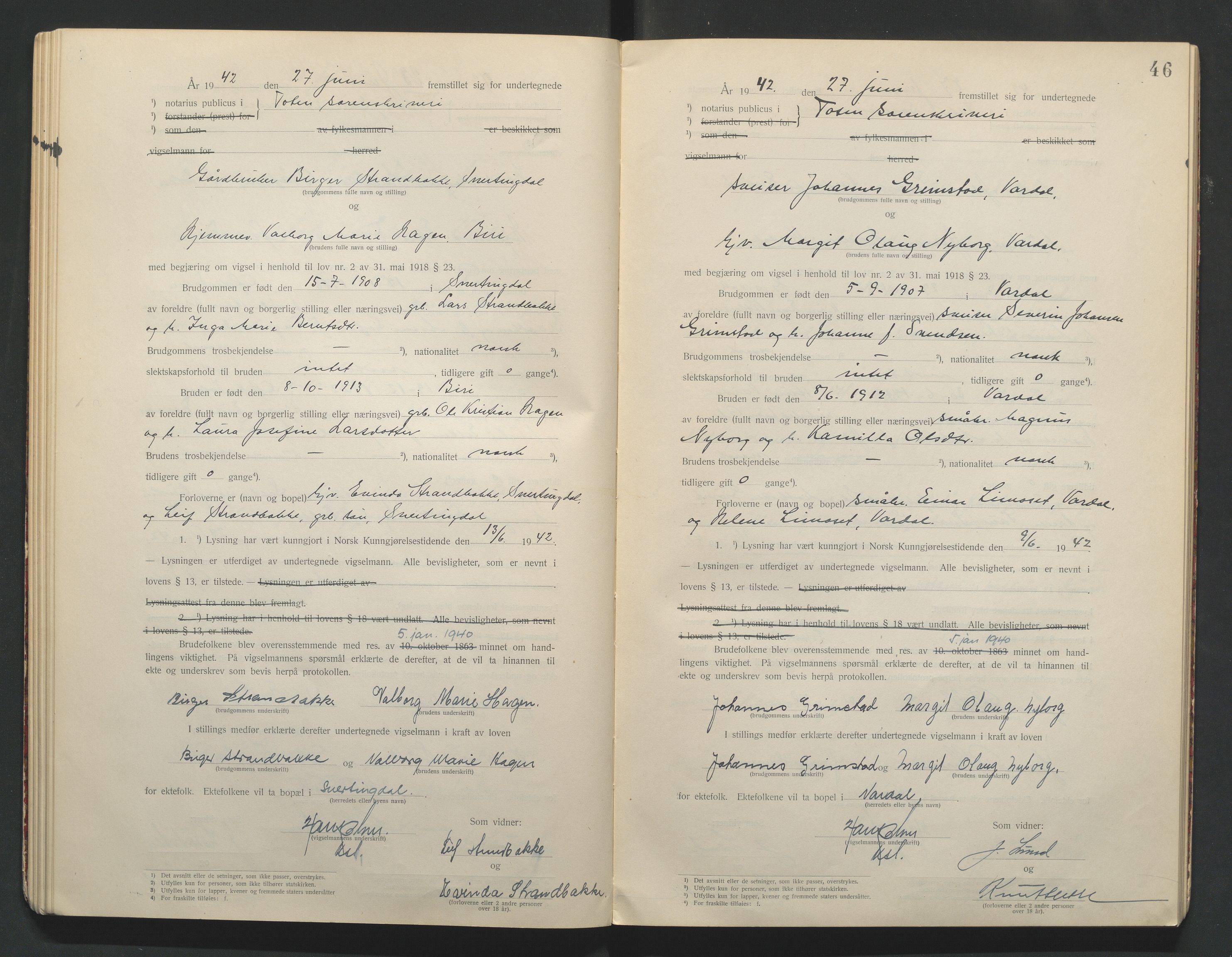 Toten tingrett, AV/SAH-TING-006/L/Lc/L0001: Vigselbok, 1920-1942, s. 46