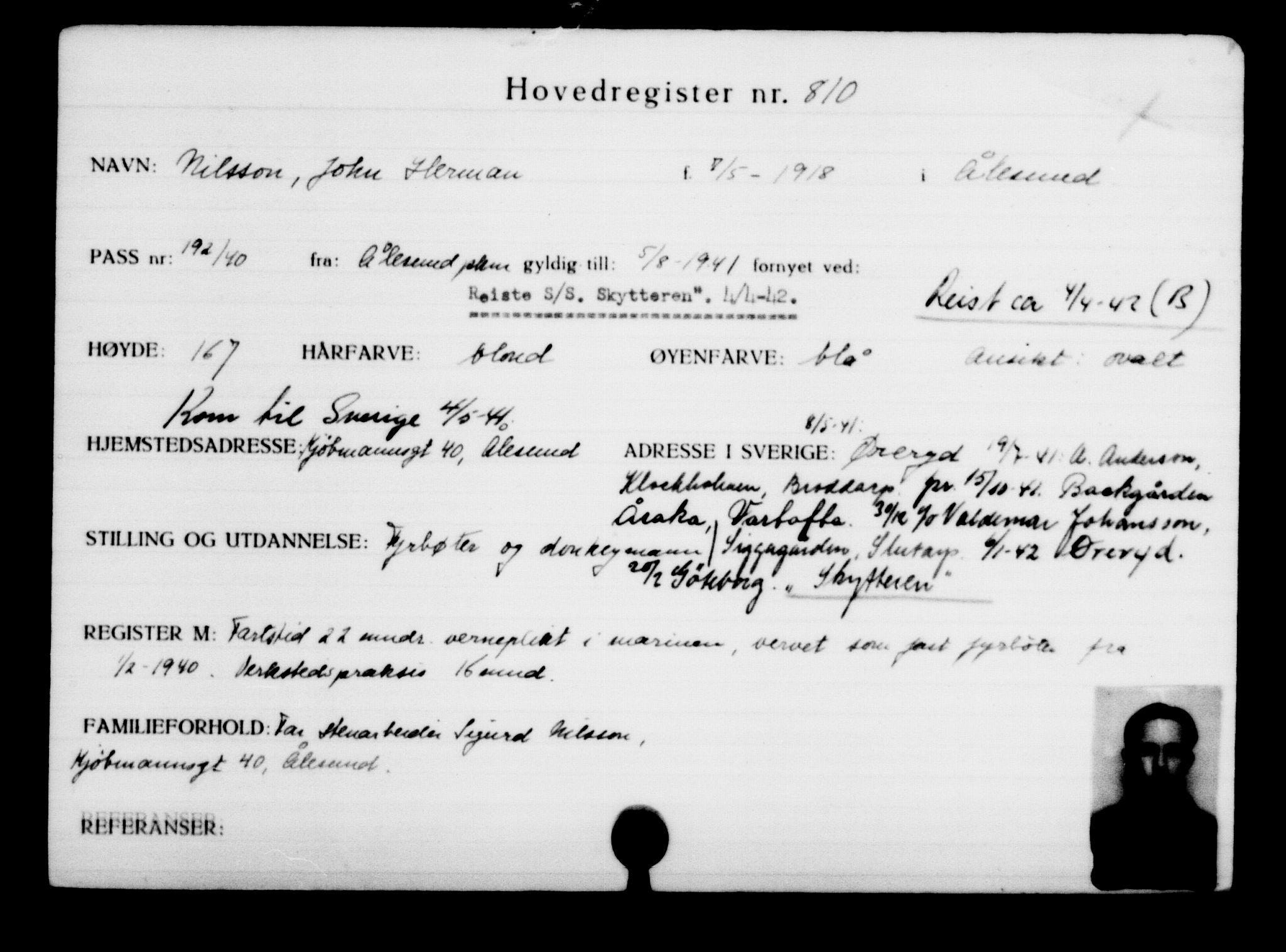 Utenriksstasjonene, Legasjonen i Stockholm, Flyktningkontoret, AV/RA-S-6753/V/Va/L0001: Kjesäterkartoteket, flyktninger med registreringsnr. 1-1000, 1940-1945, s. 1282
