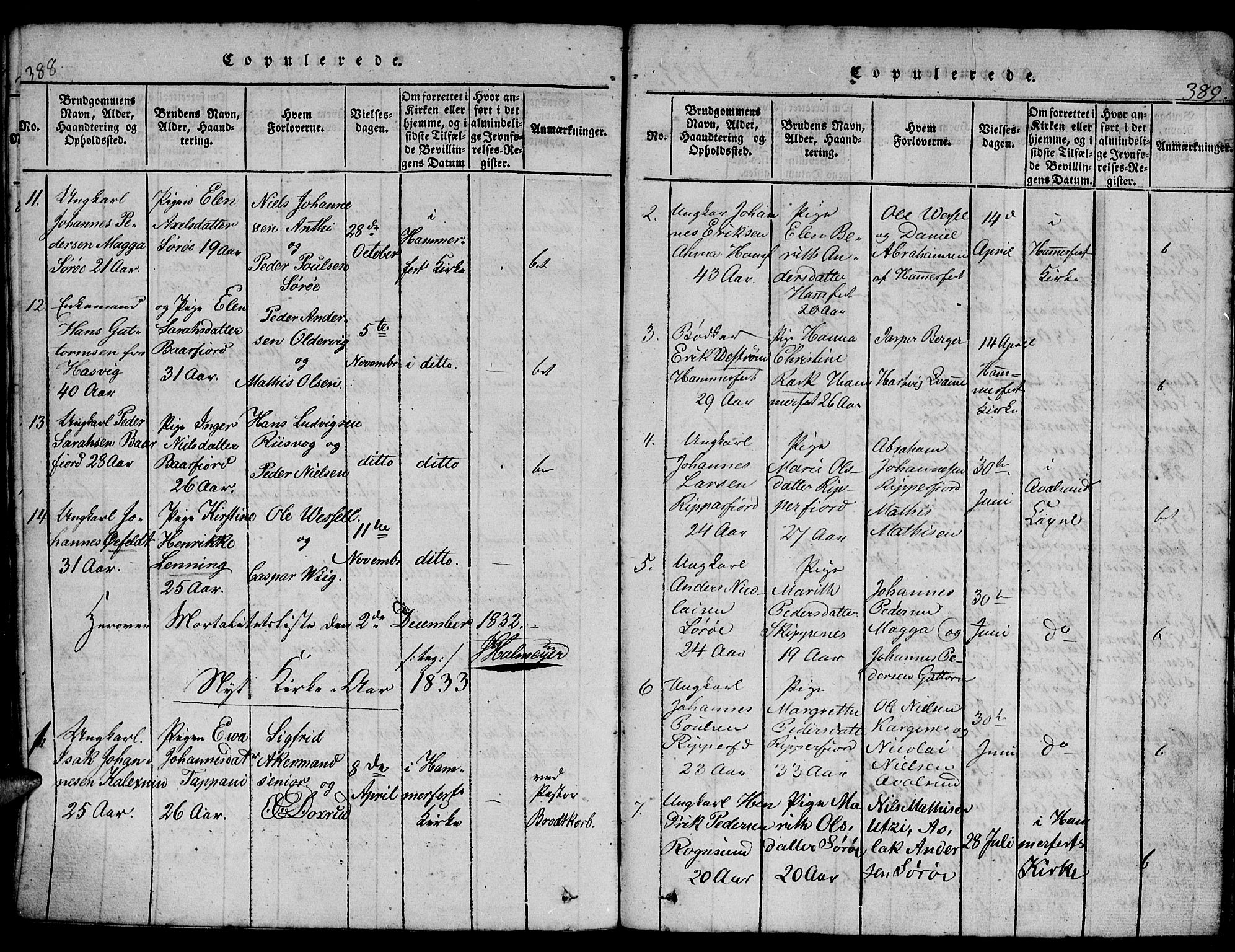 Hammerfest sokneprestkontor, AV/SATØ-S-1347/H/Hb/L0001.klokk: Klokkerbok nr. 1, 1822-1850, s. 388-389