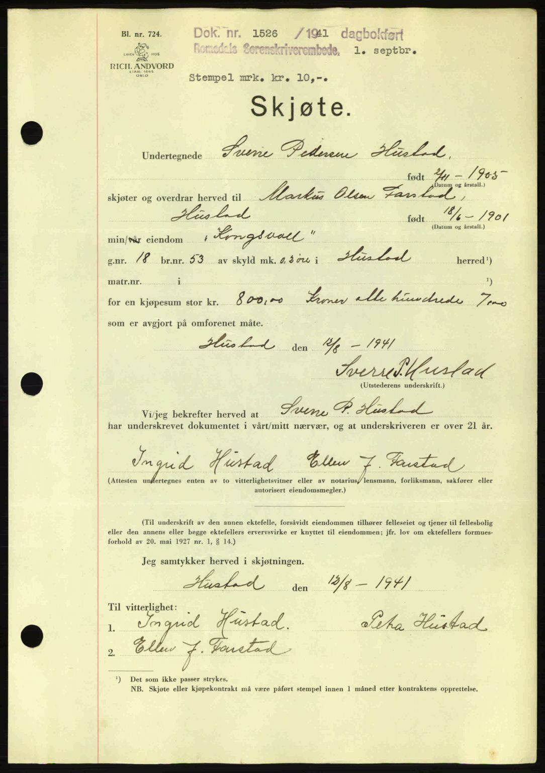 Romsdal sorenskriveri, AV/SAT-A-4149/1/2/2C: Pantebok nr. A10, 1941-1941, Dagboknr: 1526/1941