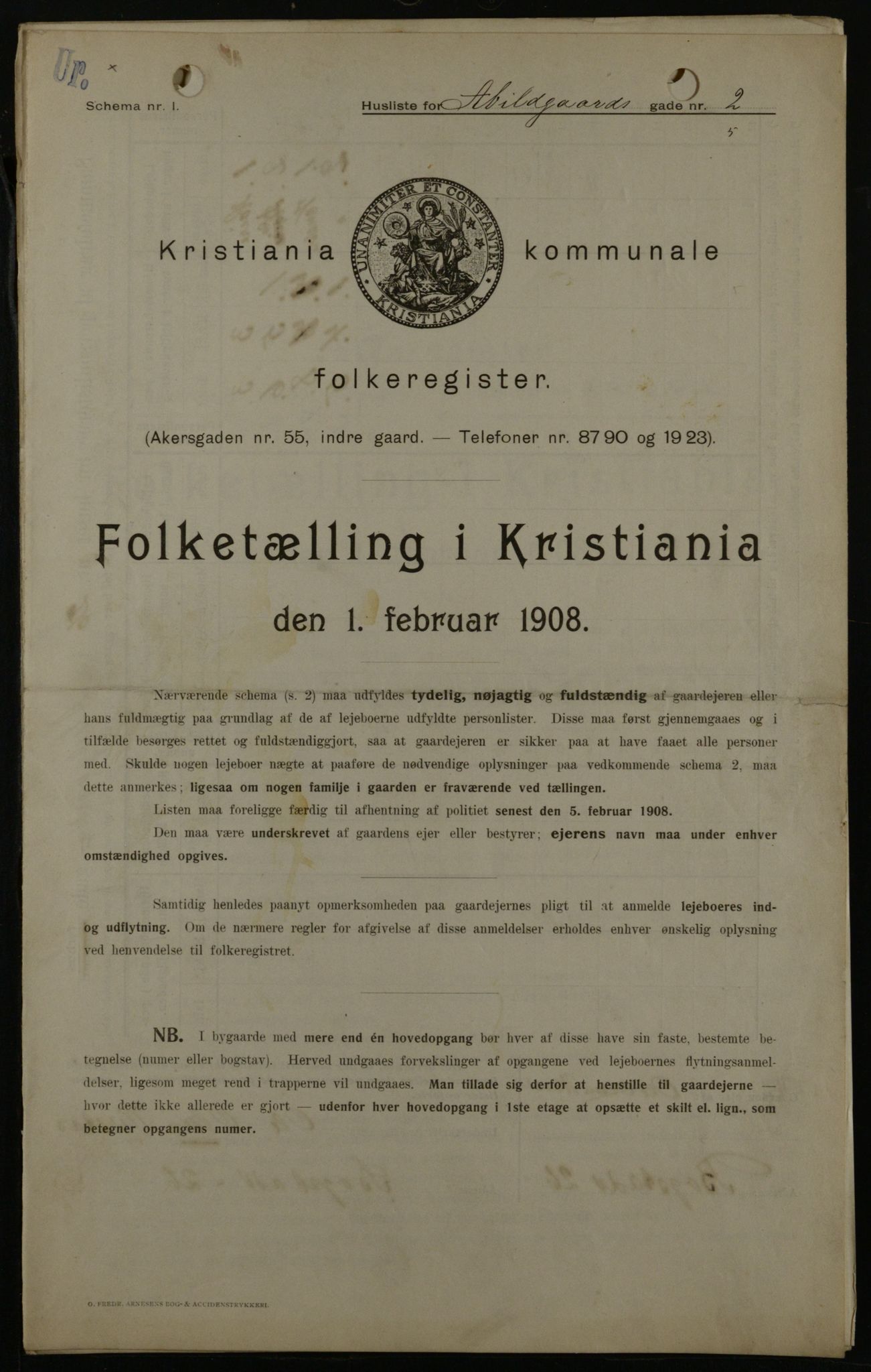 OBA, Kommunal folketelling 1.2.1908 for Kristiania kjøpstad, 1908, s. 1