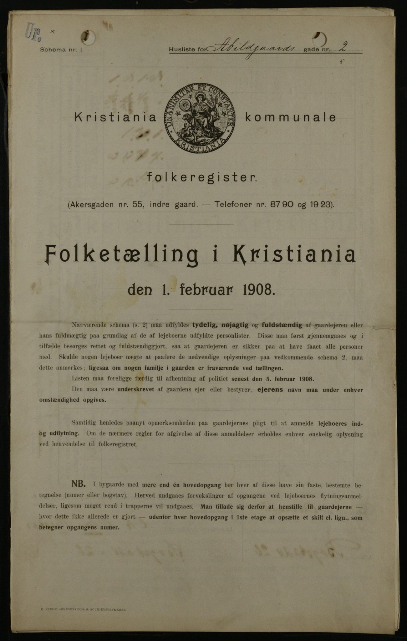 OBA, Kommunal folketelling 1.2.1908 for Kristiania kjøpstad, 1908, s. 1
