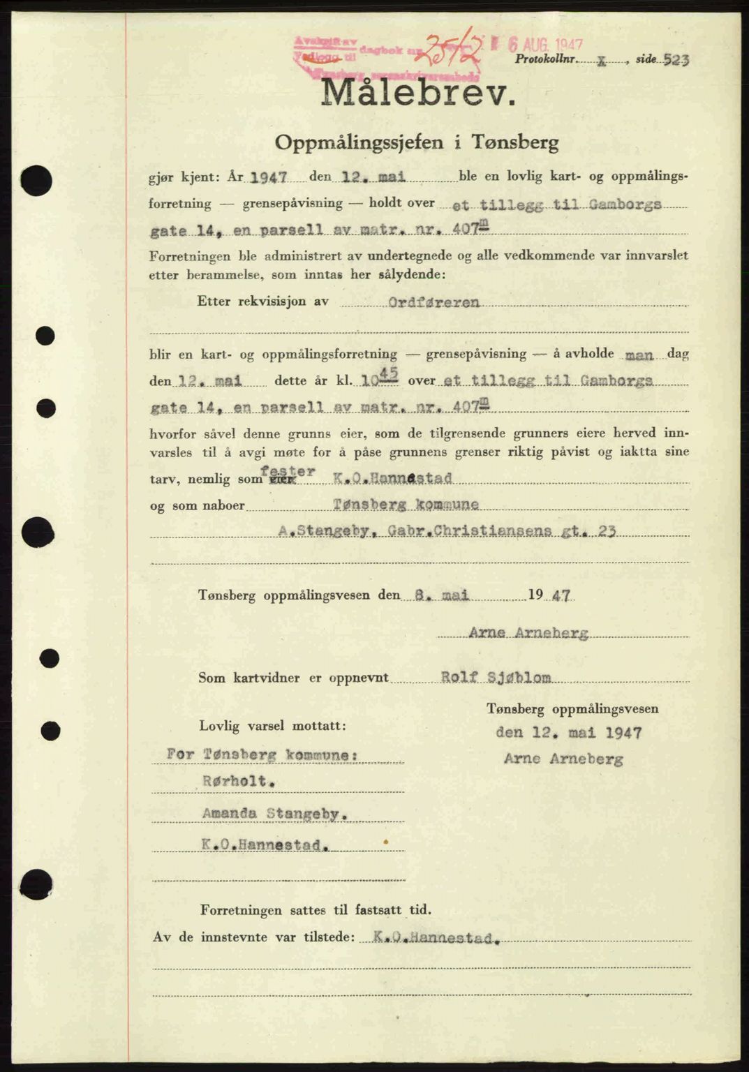Tønsberg sorenskriveri, SAKO/A-130/G/Ga/Gaa/L0022: Pantebok nr. A22, 1947-1947, Dagboknr: 2512/1947