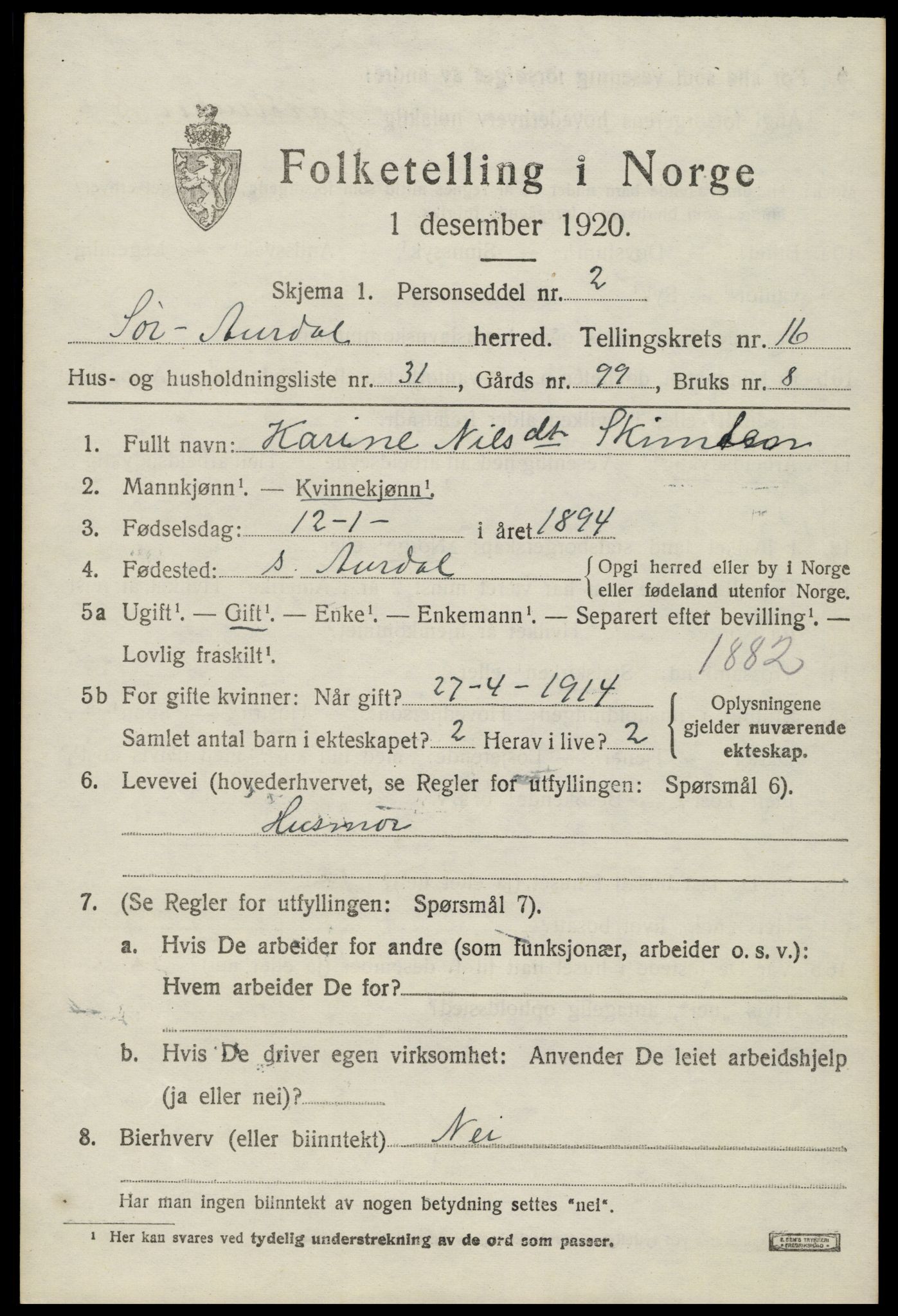 SAH, Folketelling 1920 for 0540 Sør-Aurdal herred, 1920, s. 9597