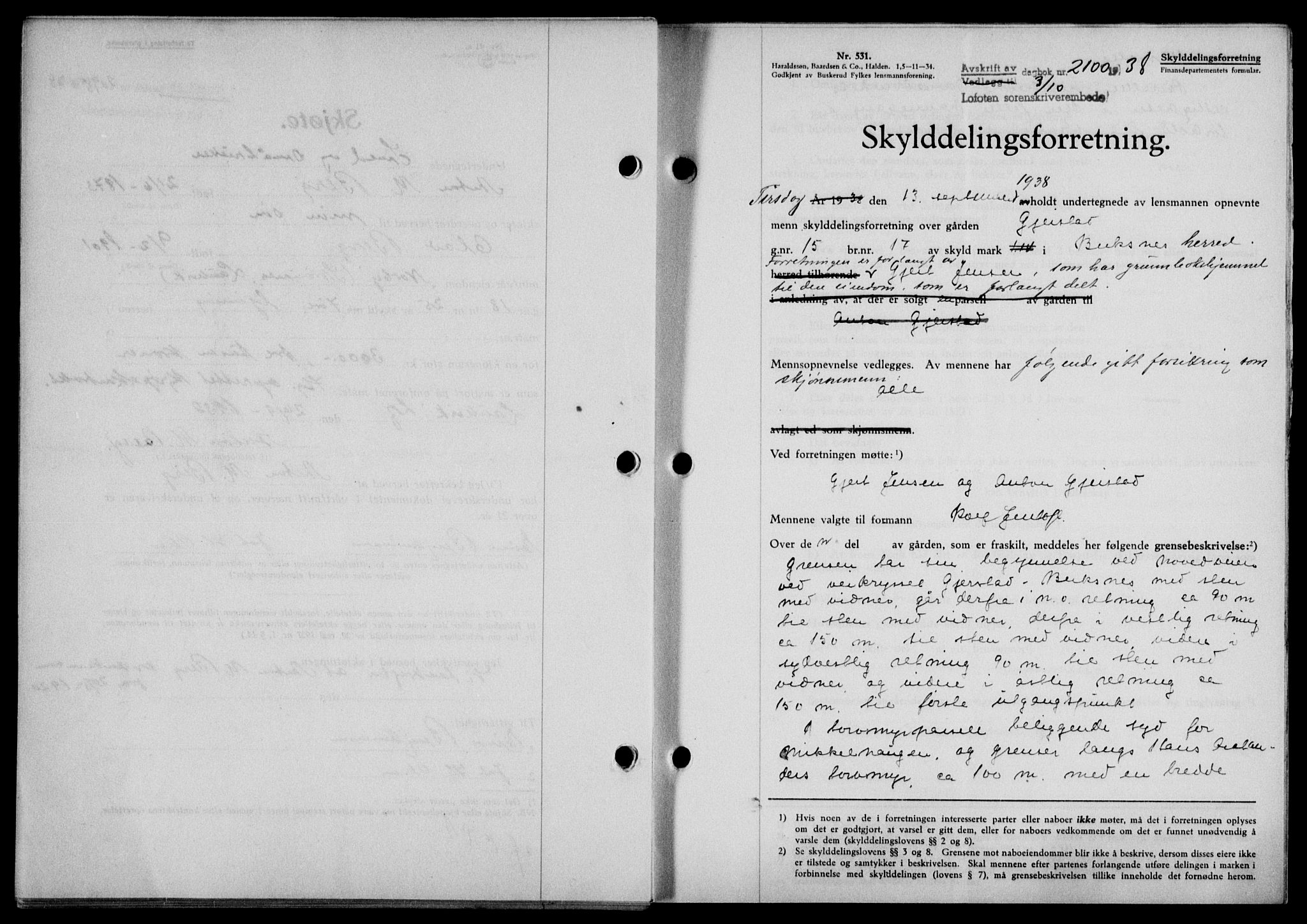 Lofoten sorenskriveri, SAT/A-0017/1/2/2C/L0004a: Pantebok nr. 4a, 1938-1938, Dagboknr: 2100/1938