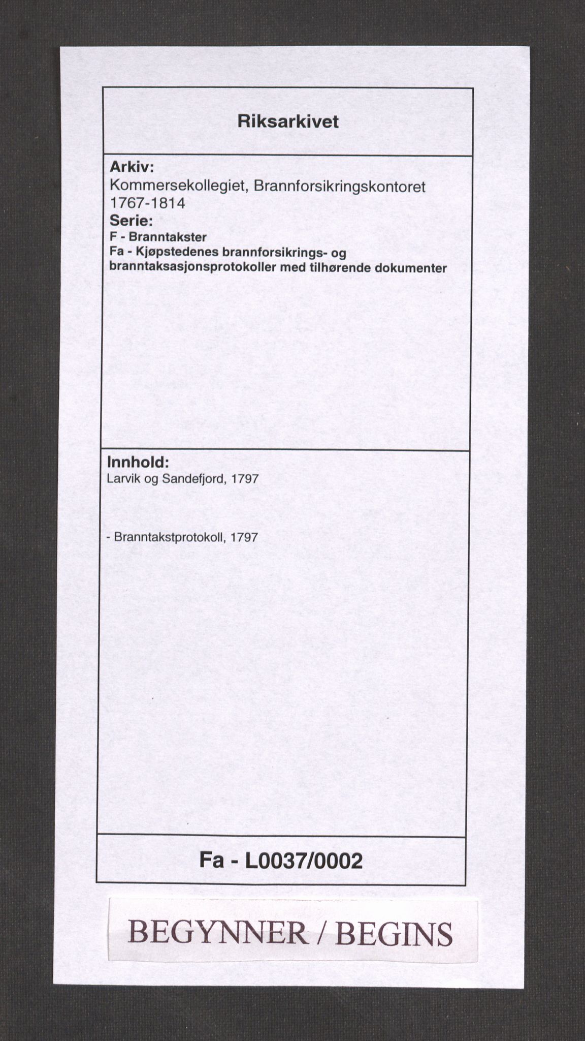 Kommersekollegiet, Brannforsikringskontoret 1767-1814, AV/RA-EA-5458/F/Fa/L0037/0002: Larvik og Sandefjord / Branntakstprotokoll, 1797