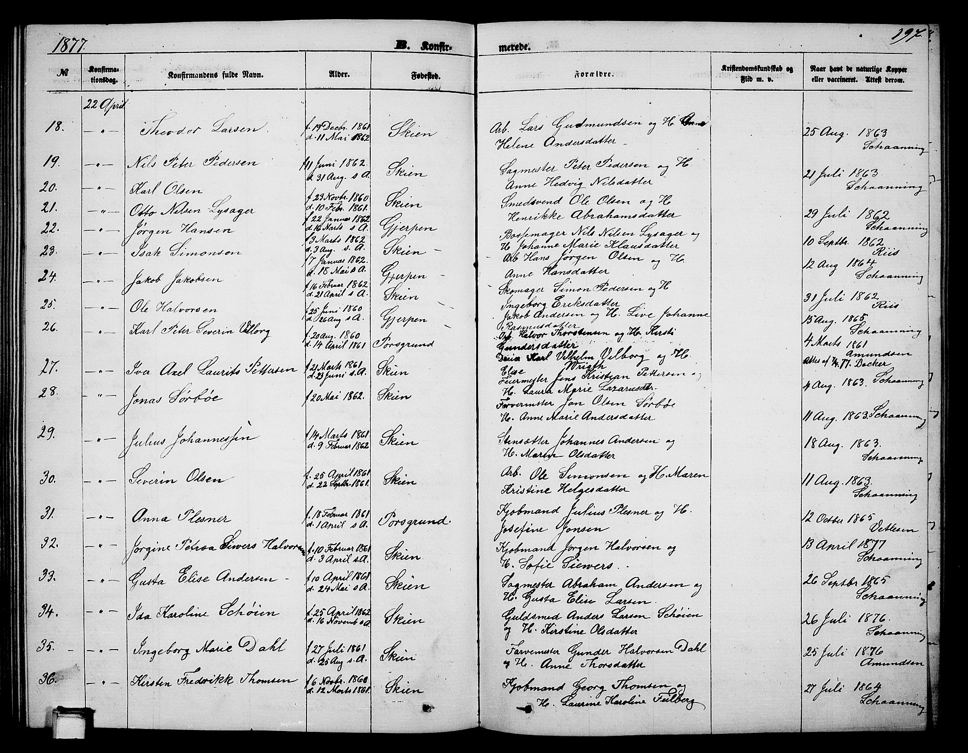 Skien kirkebøker, AV/SAKO-A-302/G/Ga/L0005: Klokkerbok nr. 5, 1868-1880, s. 197