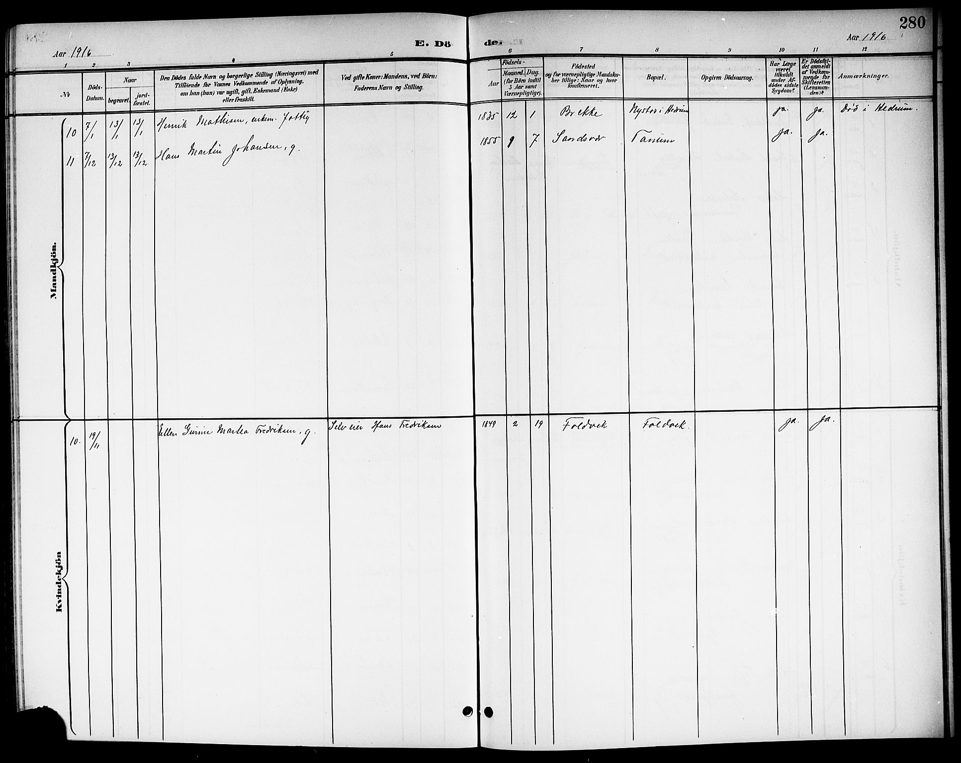 Brunlanes kirkebøker, AV/SAKO-A-342/G/Ga/L0004: Klokkerbok nr. I 4, 1898-1921, s. 280