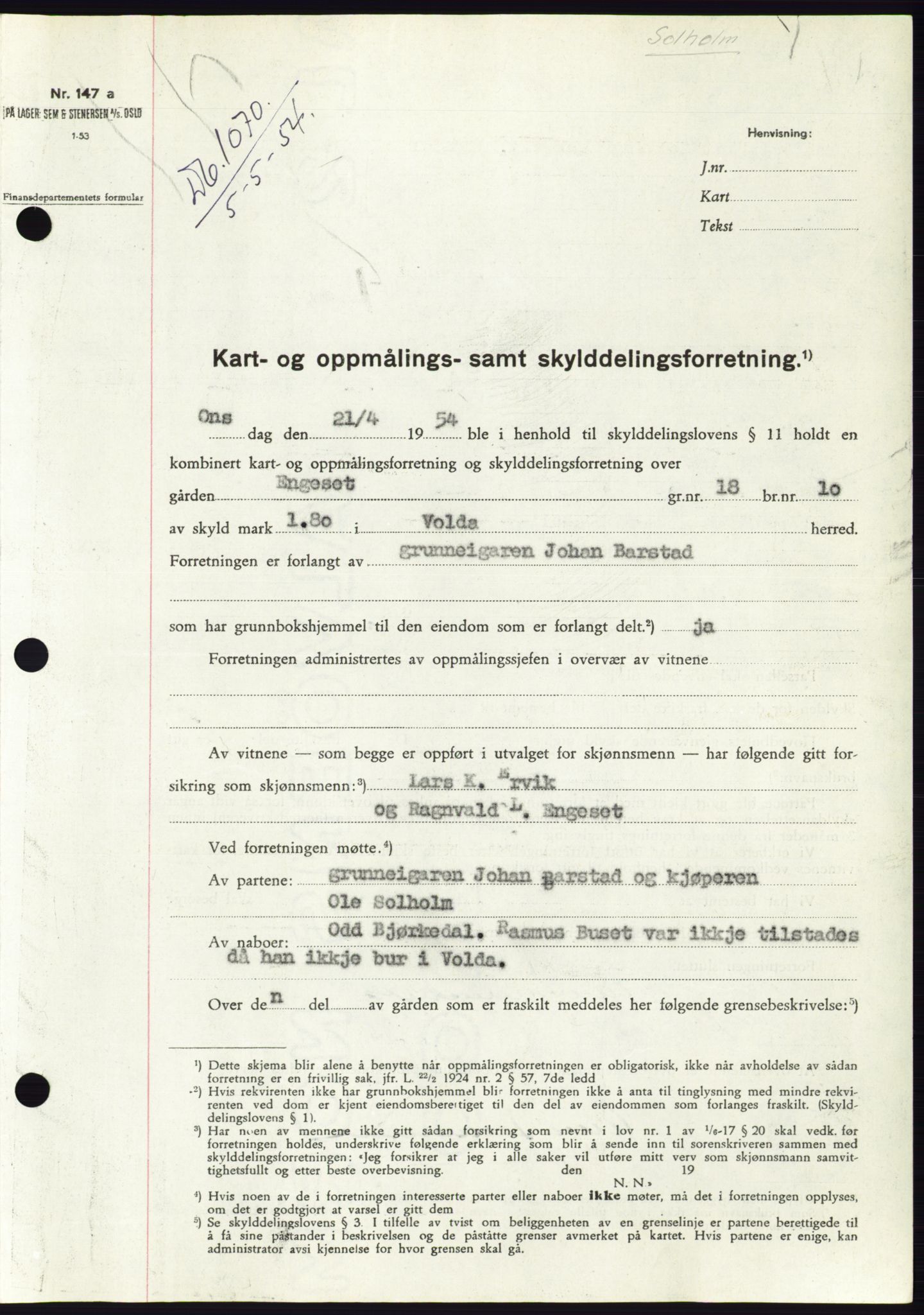 Søre Sunnmøre sorenskriveri, SAT/A-4122/1/2/2C/L0097: Pantebok nr. 23A, 1954-1954, Dagboknr: 1070/1954