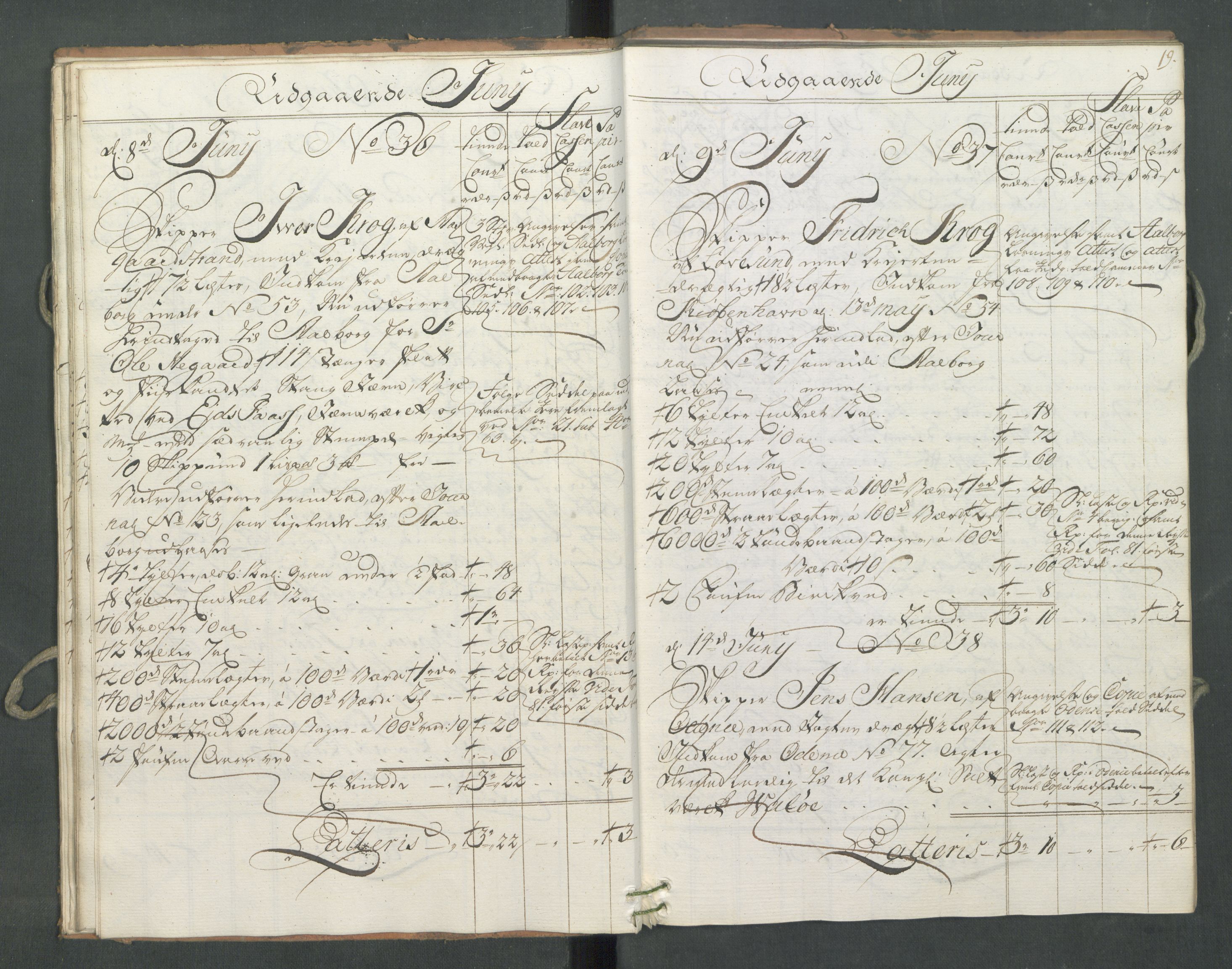 Generaltollkammeret, tollregnskaper, AV/RA-EA-5490/R09/L0034/0001: Tollregnskaper Holmestrand / Utgående hovedtollbok, 1762, s. 18b-19a