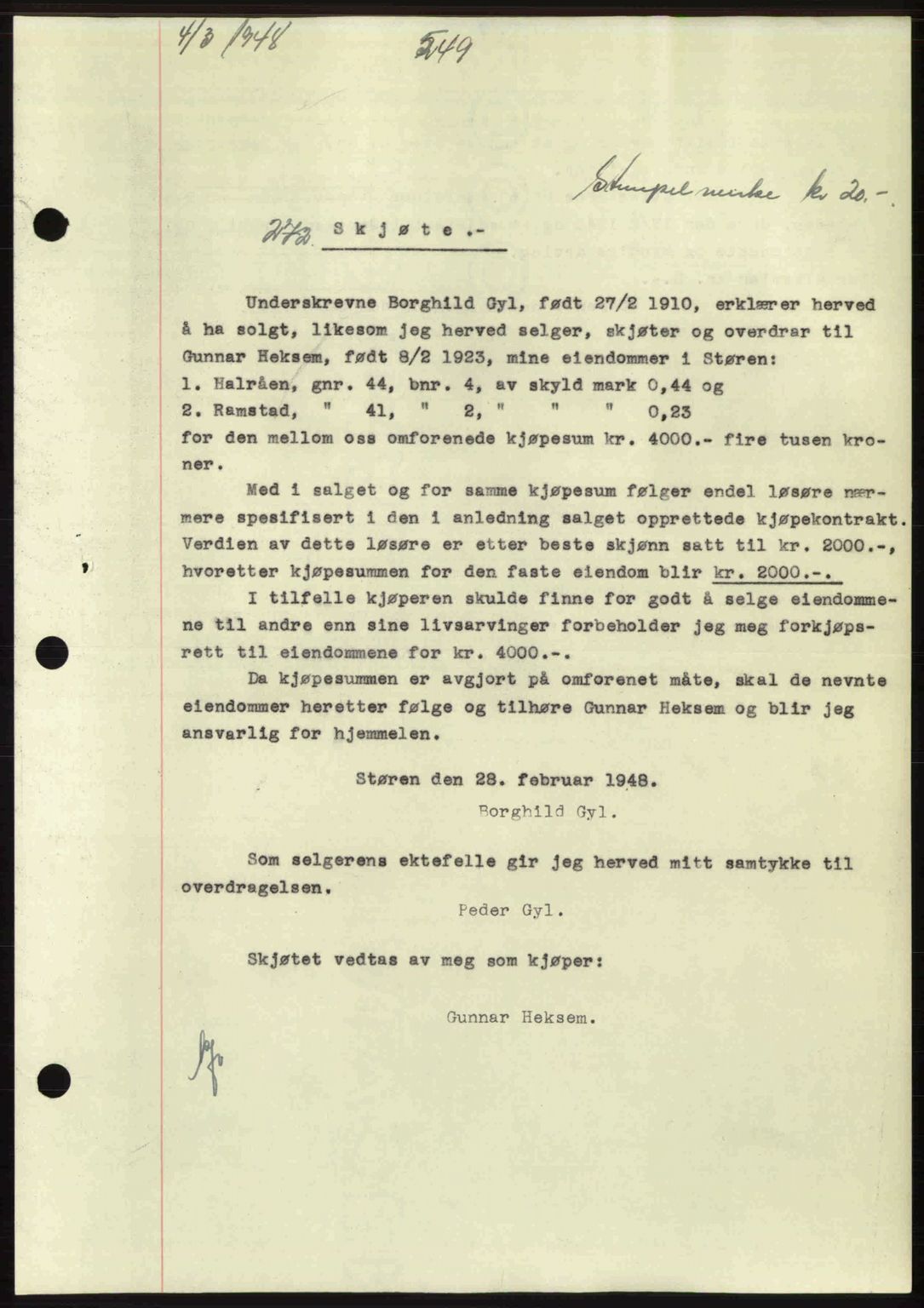 Gauldal sorenskriveri, SAT/A-0014/1/2/2C: Pantebok nr. A5, 1947-1948, Dagboknr: 272/1948