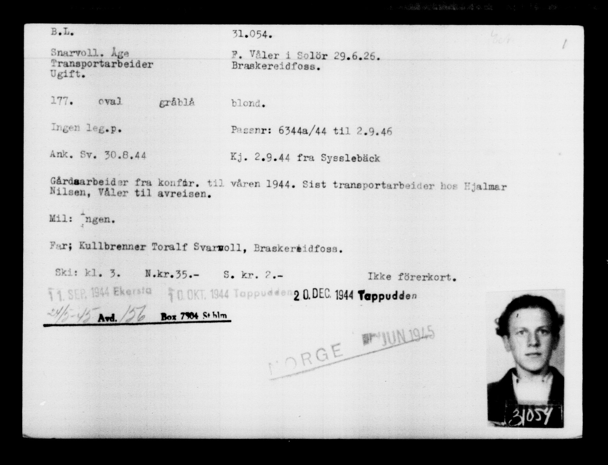 Utenriksstasjonene, Legasjonen i Stockholm, Flyktningkontoret, AV/RA-S-6753/V/Va/L0012: Kjesäterkartoteket, flyktninger med registreringsnr. 28300-31566, 1940-1945, s. 2986