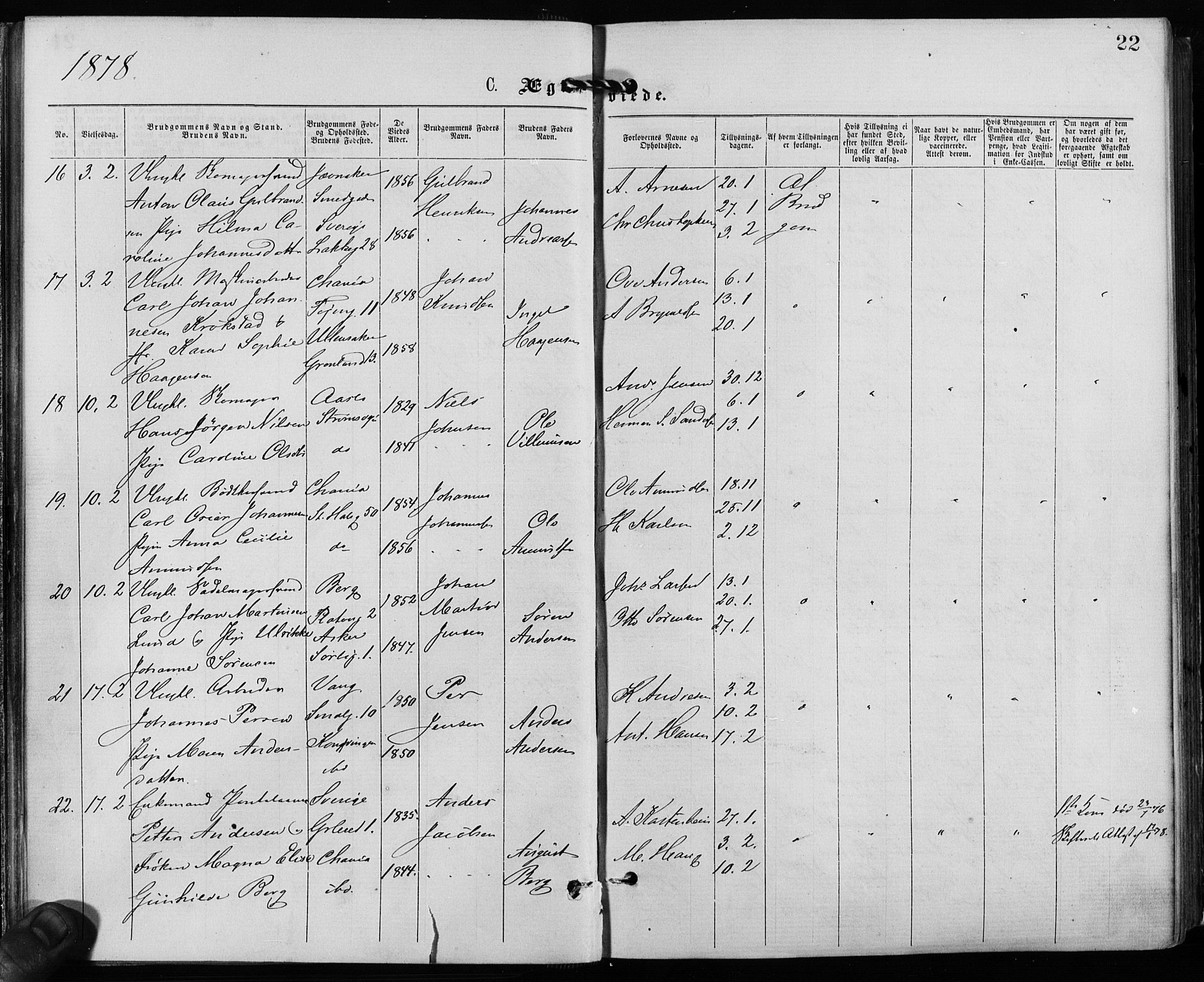 Grønland prestekontor Kirkebøker, AV/SAO-A-10848/F/Fa/L0006: Ministerialbok nr. 6, 1877-1886, s. 22
