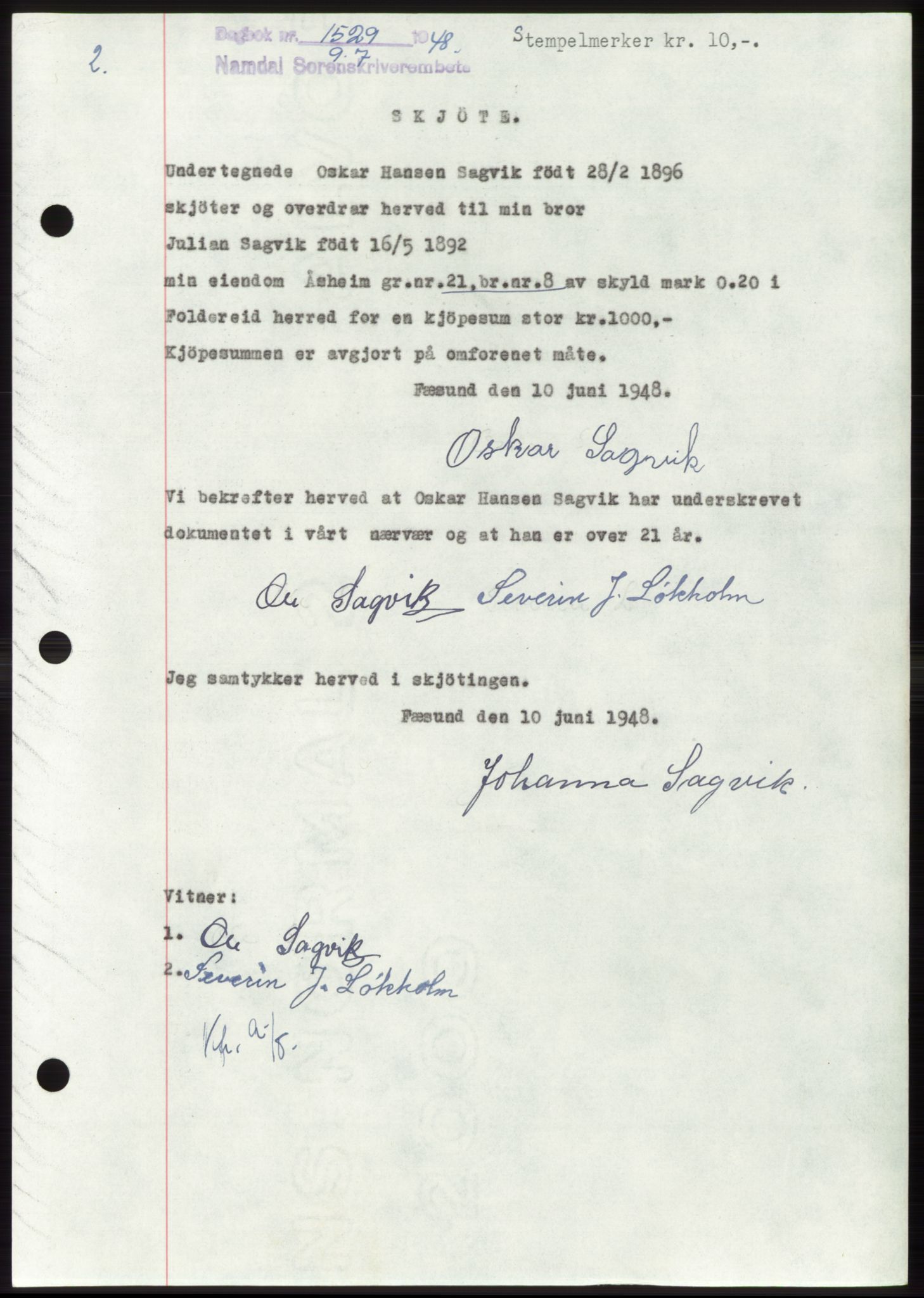 Namdal sorenskriveri, SAT/A-4133/1/2/2C: Pantebok nr. -, 1948-1948, Dagboknr: 1529/1948