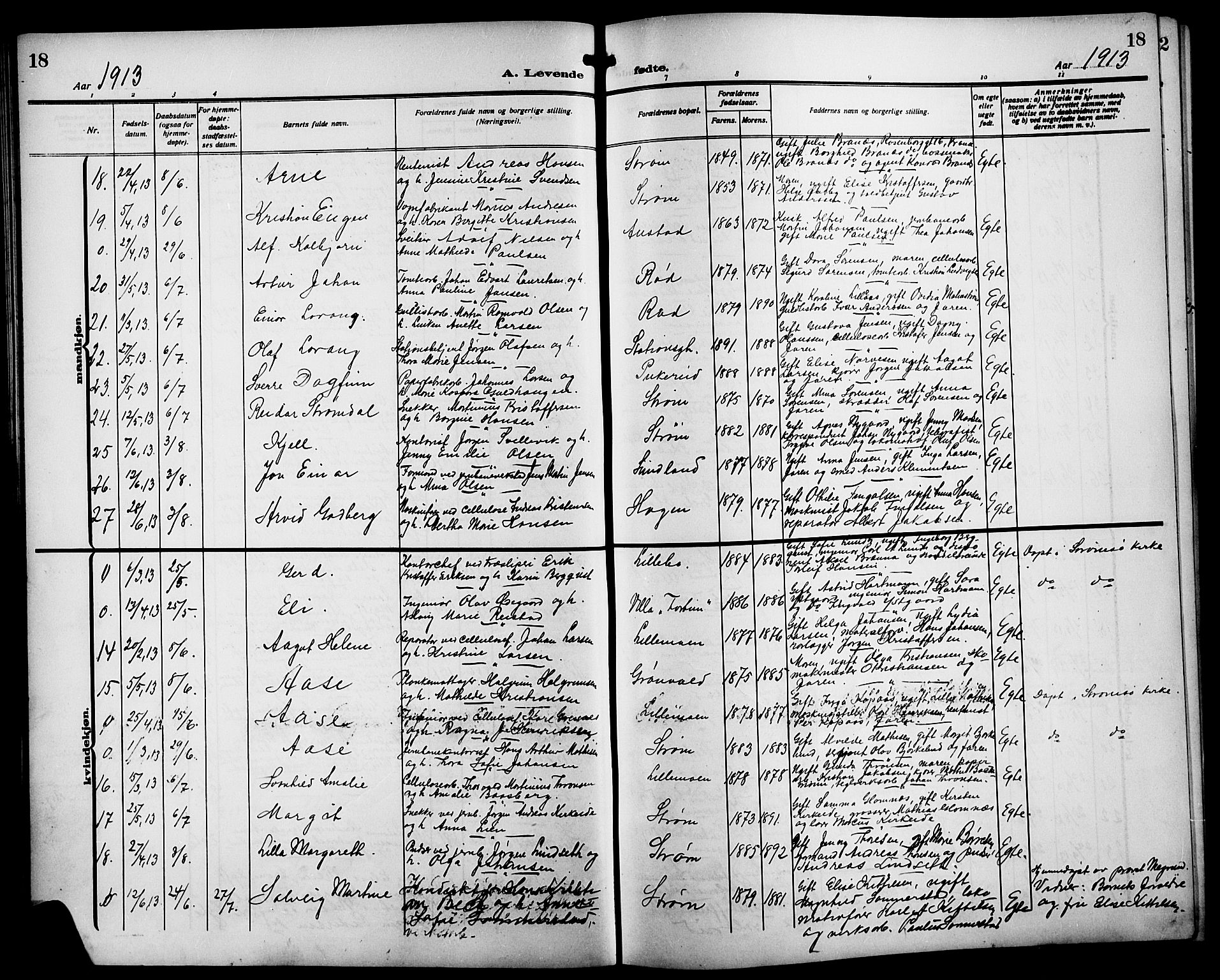 Strømsgodset kirkebøker, AV/SAKO-A-324/G/Ga/L0003: Klokkerbok nr. 3, 1911-1926, s. 18