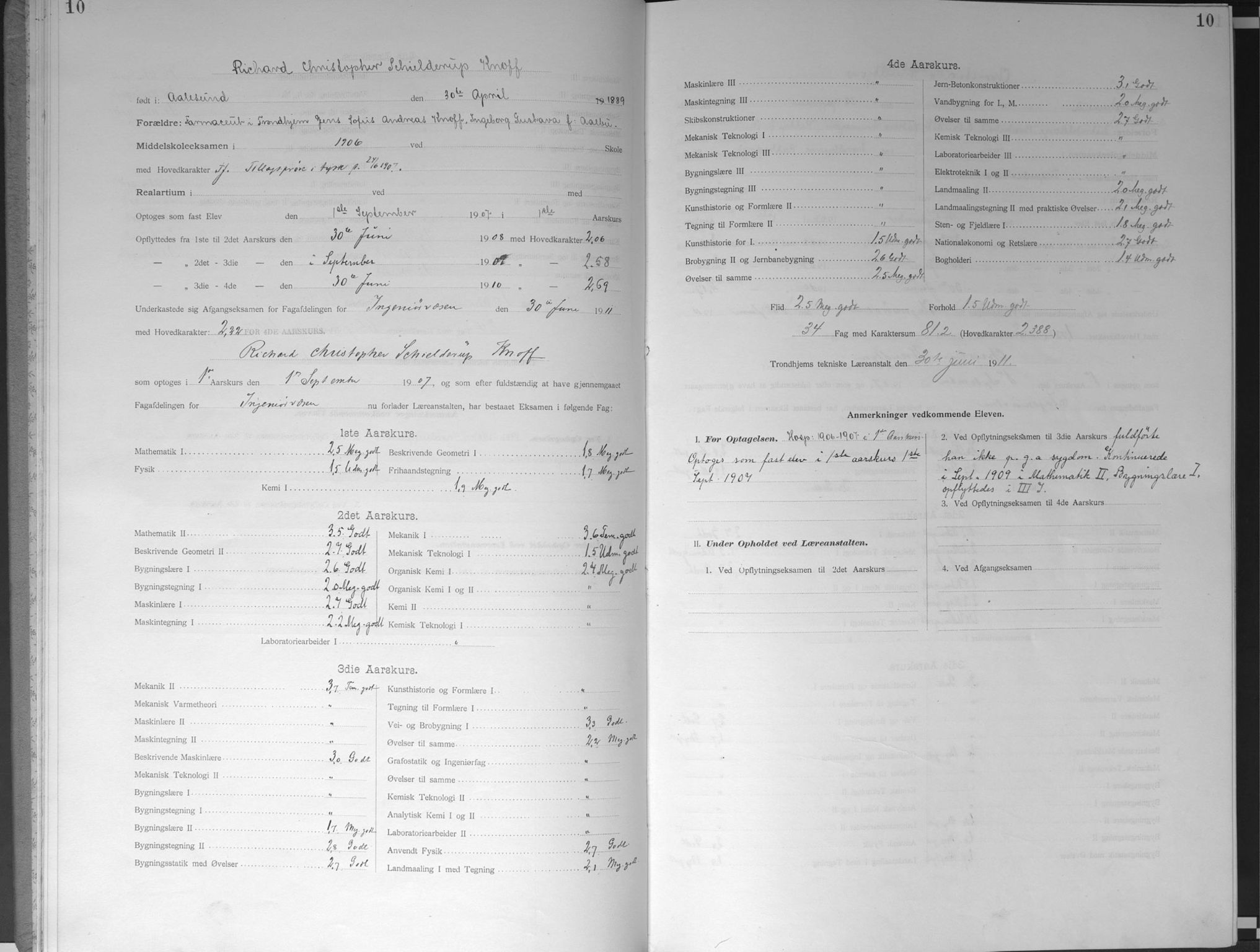 Trondhjems tekniske læreanstalt, AV/SAT-A-1622/G/Ga/L0049: Karakterprotokoll, faste elever, 1907-1912