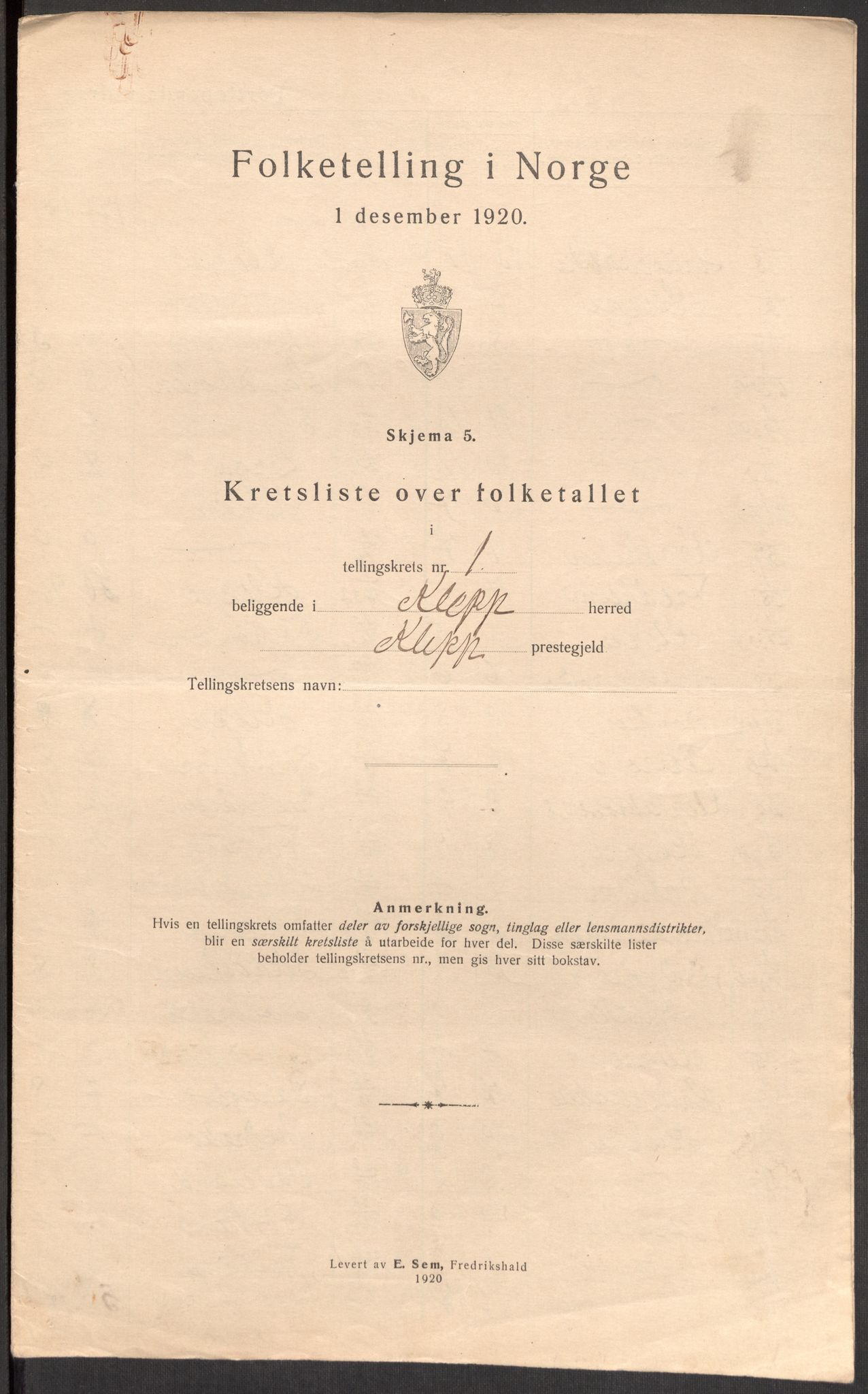 SAST, Folketelling 1920 for 1120 Klepp herred, 1920, s. 7