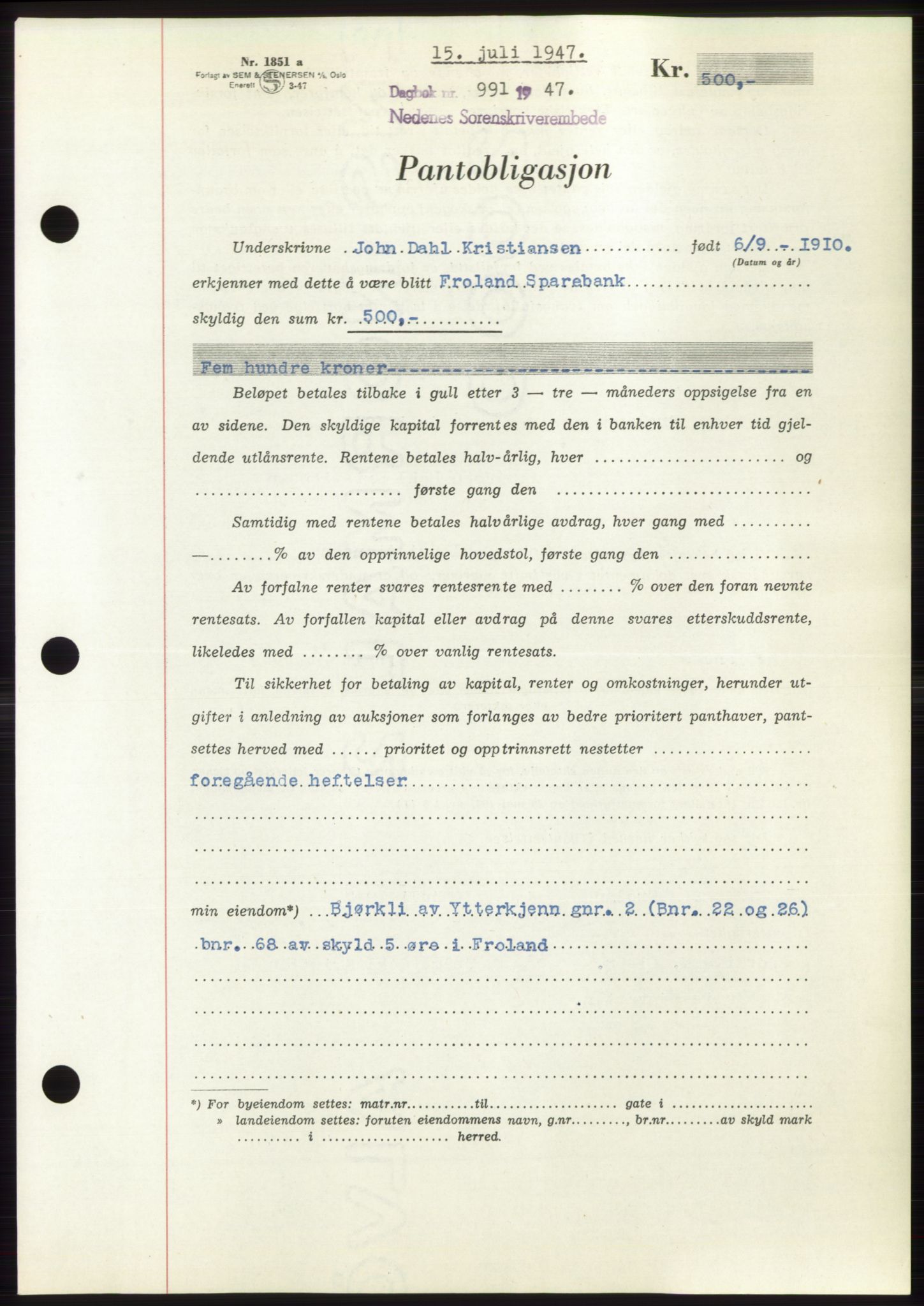 Nedenes sorenskriveri, SAK/1221-0006/G/Gb/Gbb/L0004: Pantebok nr. B4, 1947-1947, Dagboknr: 991/1947