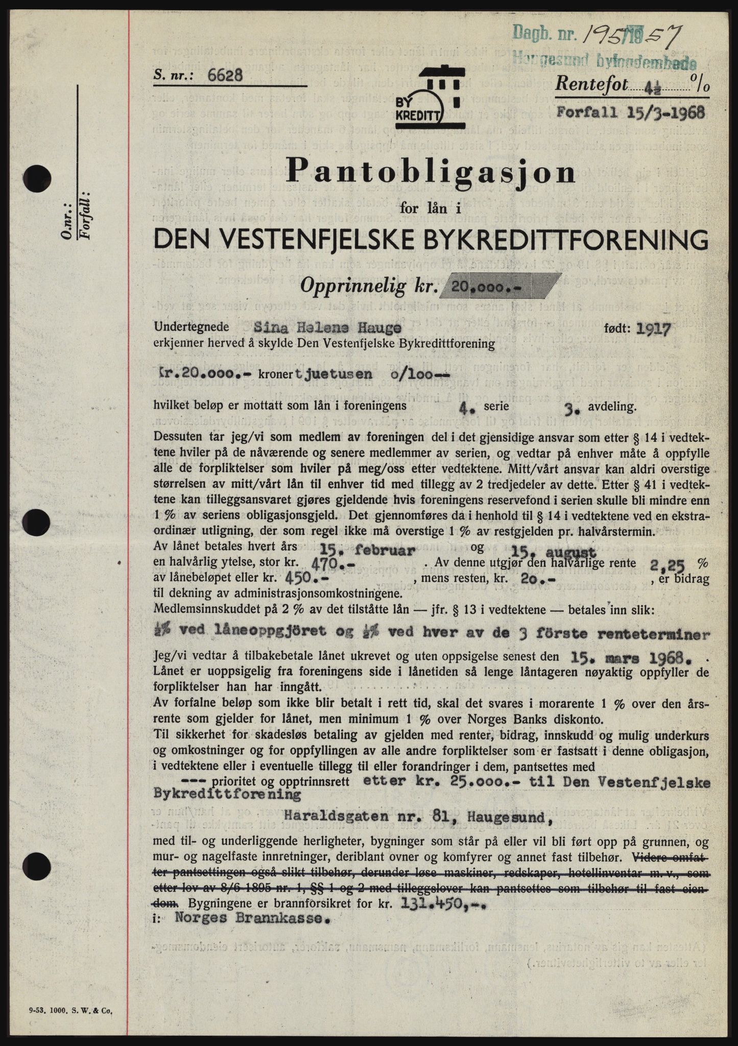 Haugesund tingrett, SAST/A-101415/01/II/IIC/L0042: Pantebok nr. B 42, 1956-1957, Dagboknr: 195/1957