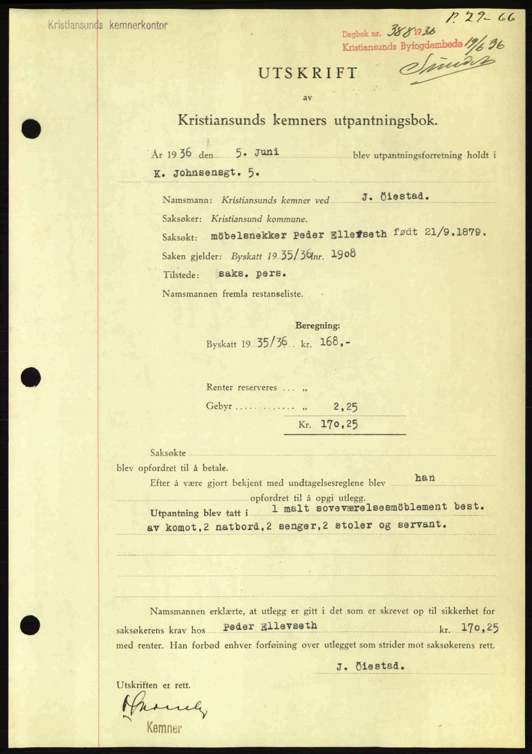 Kristiansund byfogd, SAT/A-4587/A/27: Pantebok nr. 29, 1936-1937, Dagboknr: 388/1936