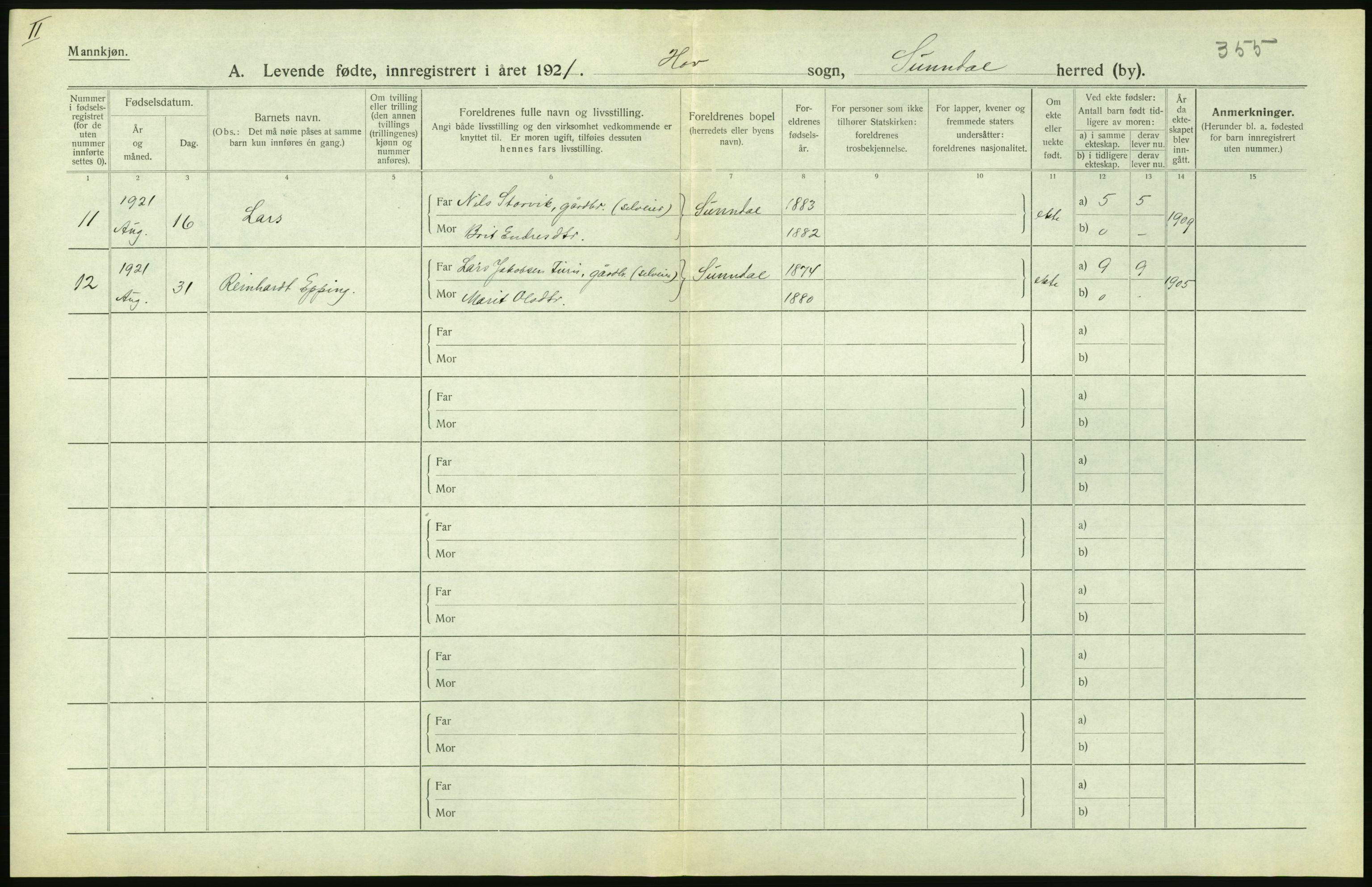 Statistisk sentralbyrå, Sosiodemografiske emner, Befolkning, RA/S-2228/D/Df/Dfc/Dfca/L0040: Møre fylke: Levendefødte menn og kvinner. Bygder., 1921, s. 580