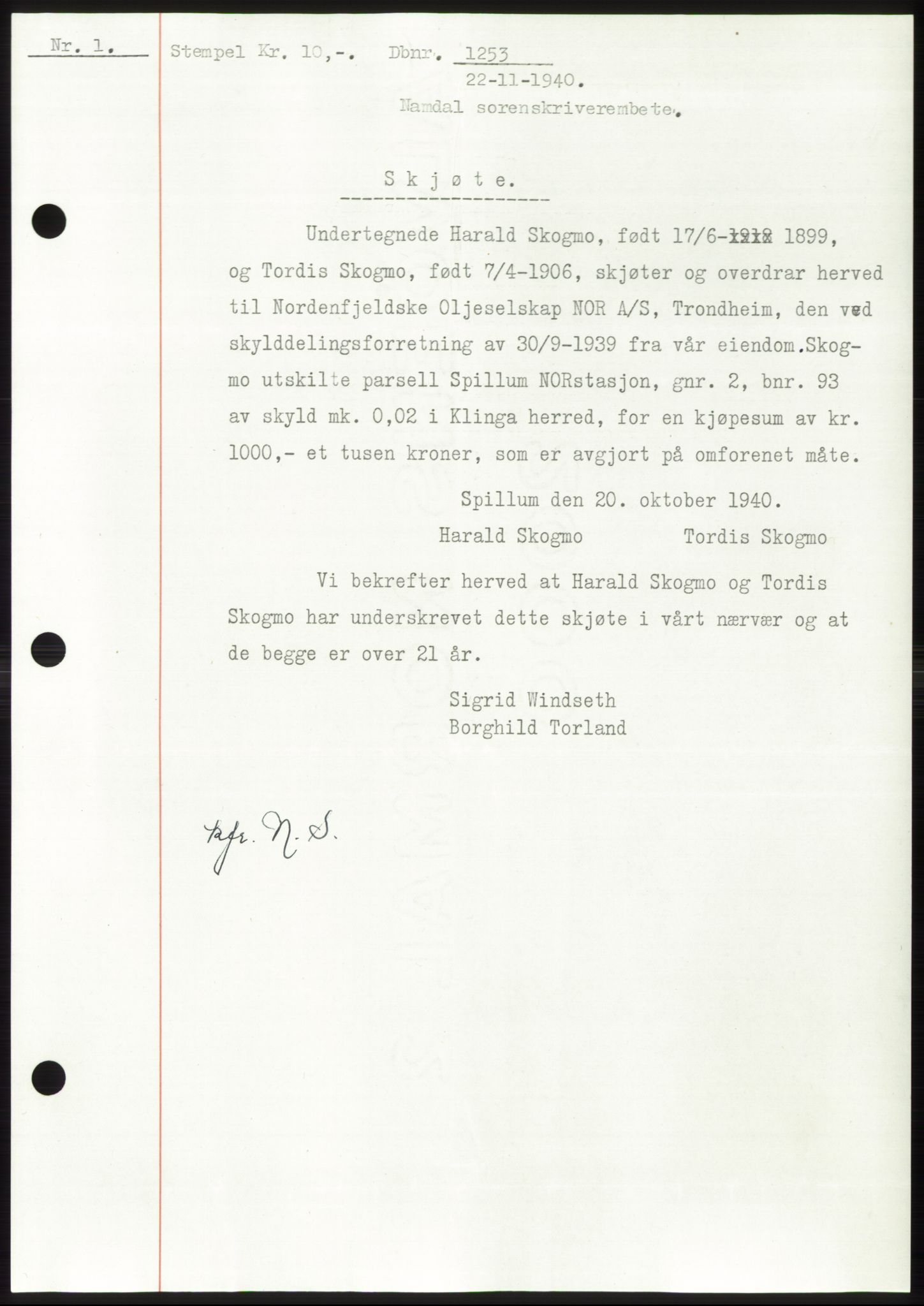 Namdal sorenskriveri, SAT/A-4133/1/2/2C: Pantebok nr. -, 1940-1941, Tingl.dato: 22.11.1940