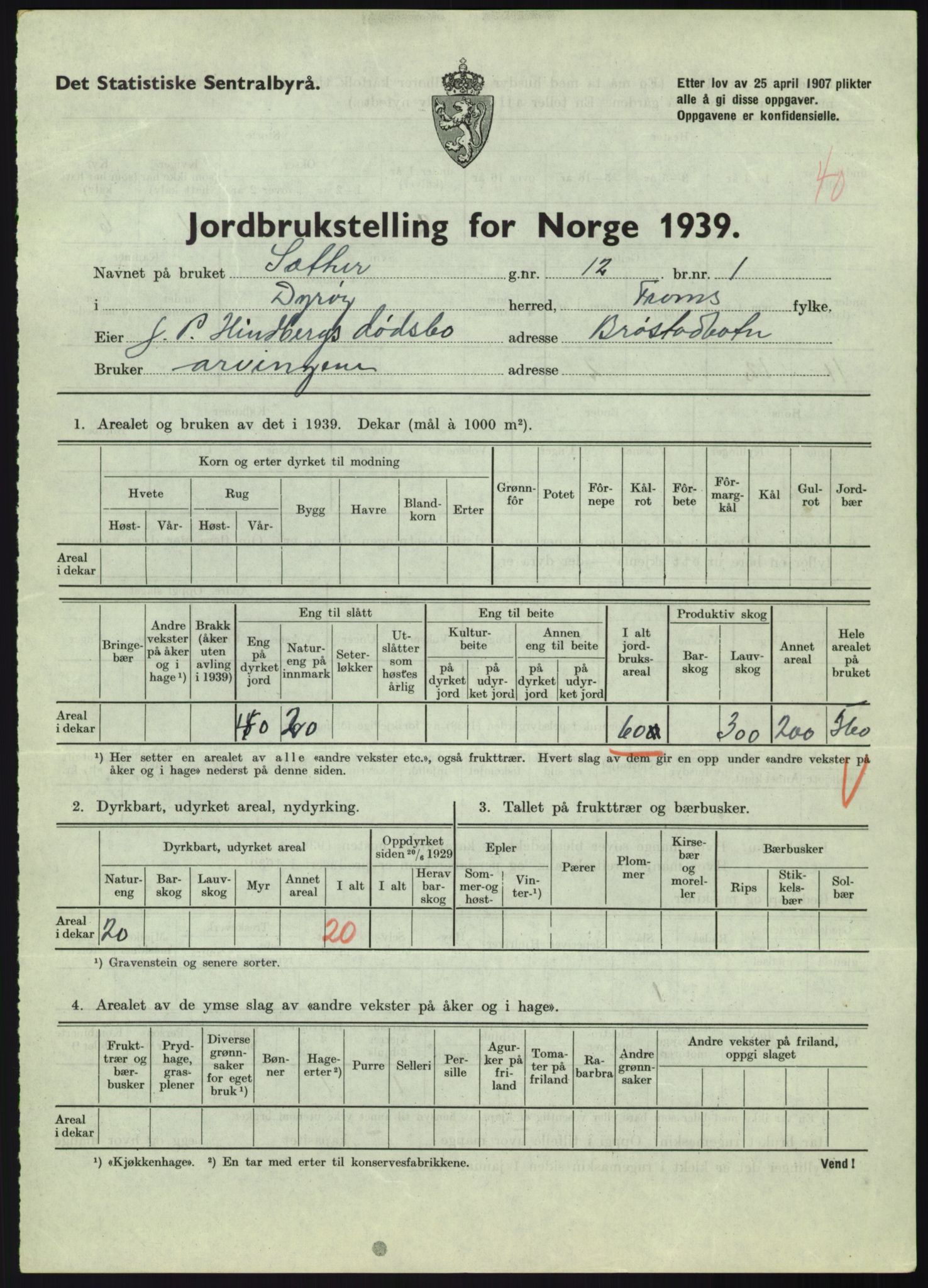 Statistisk sentralbyrå, Næringsøkonomiske emner, Jordbruk, skogbruk, jakt, fiske og fangst, AV/RA-S-2234/G/Gb/L0340: Troms: Salangen og Dyrøy, 1939, s. 1516